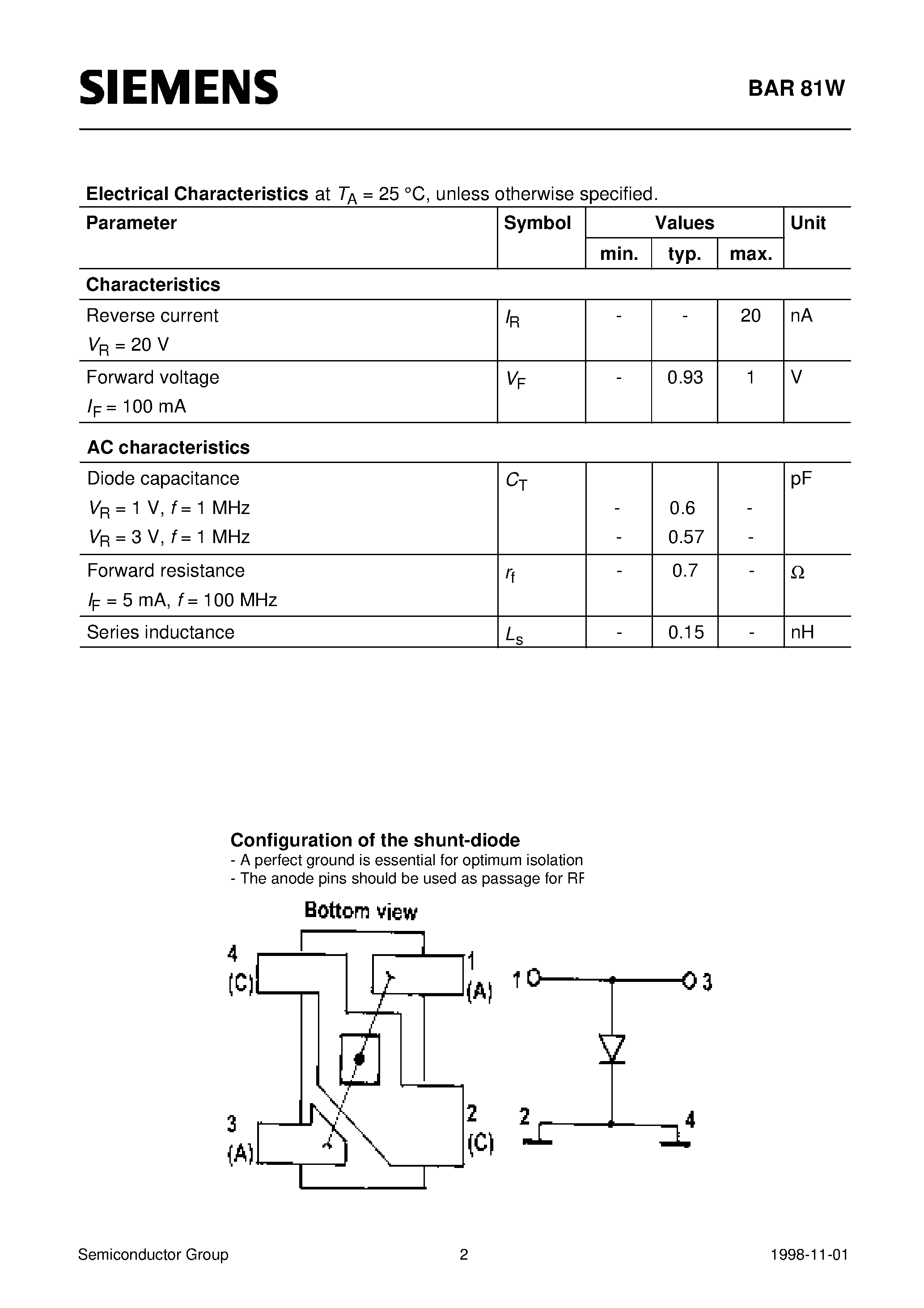 Datasheet BAR81W page 2 Datasheet BAR81W - Silicon RF Switching Diode Preliminary data (Design for use in shunt configuration High shunt signal isolation Low shunt insertion loss) page 2