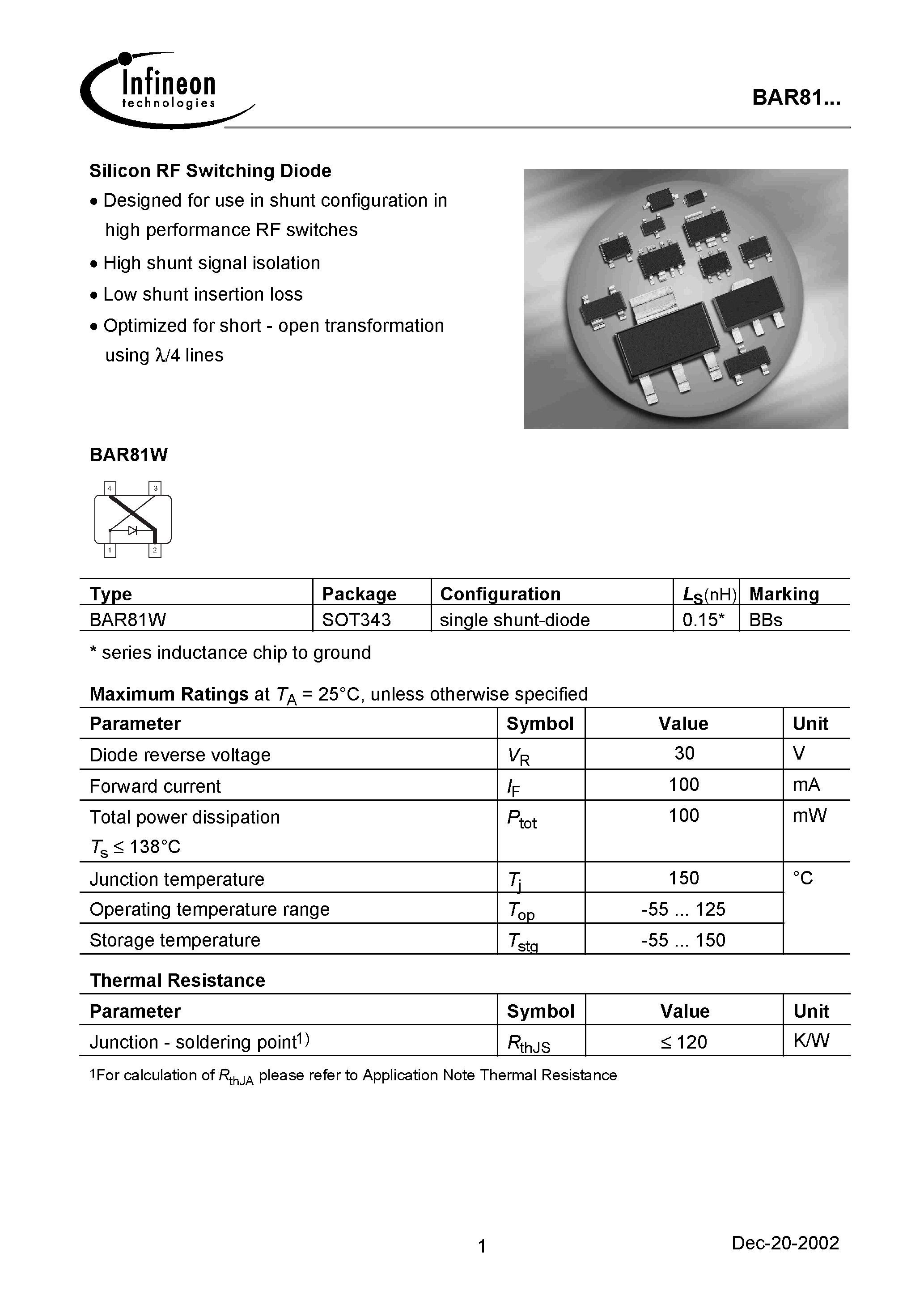 Datasheet BAR81W - Silicon RF Switching Diode page 1