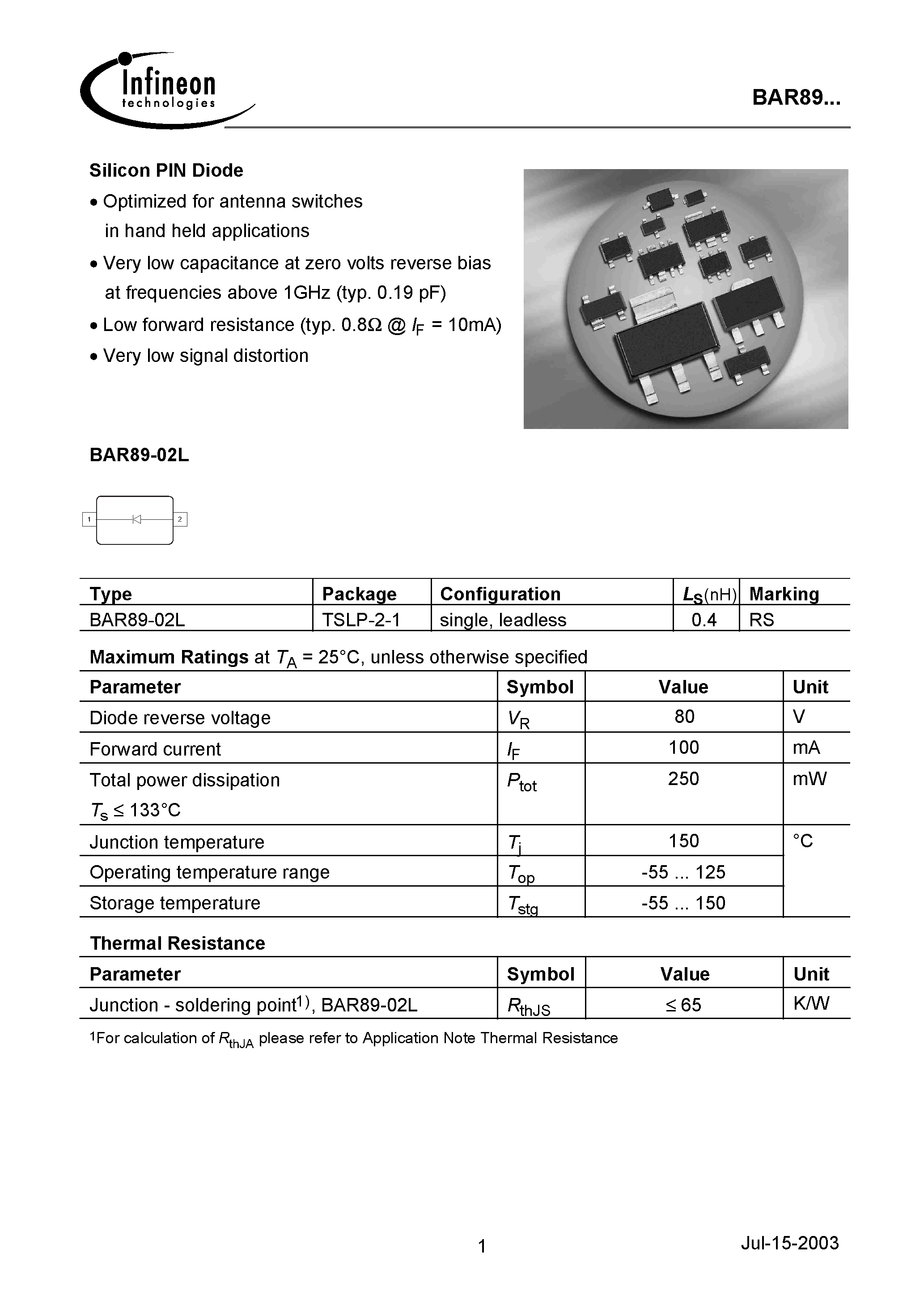 Datasheet BAR89 page 1 Datasheet BAR89 - Silicon PIN Diode page 1