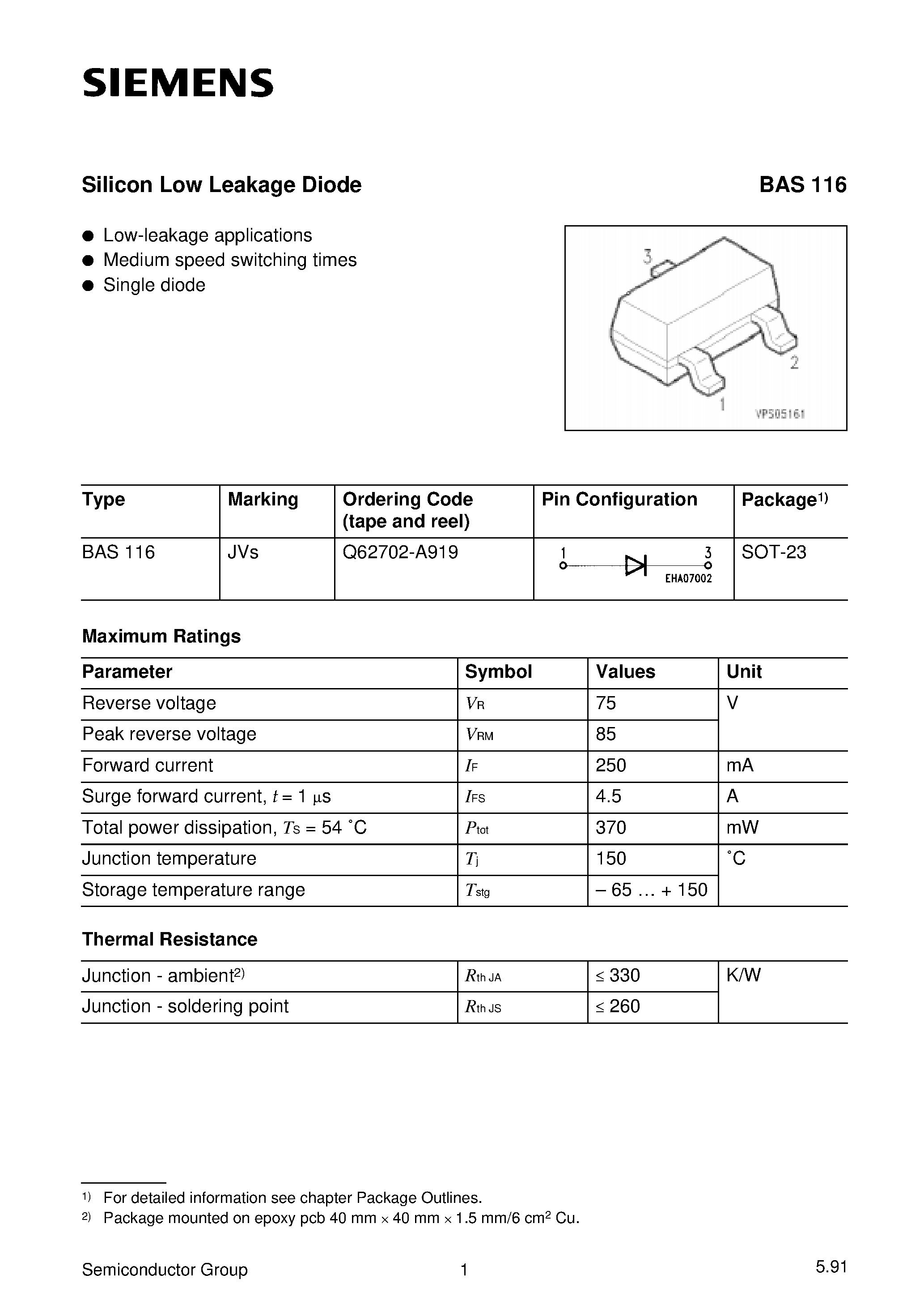 Datasheet BAS116 page 1 Datasheet BAS116 - Silicon Low Leakage Diode (Low-leakage applications Medium speed switching times Single diode) page 1