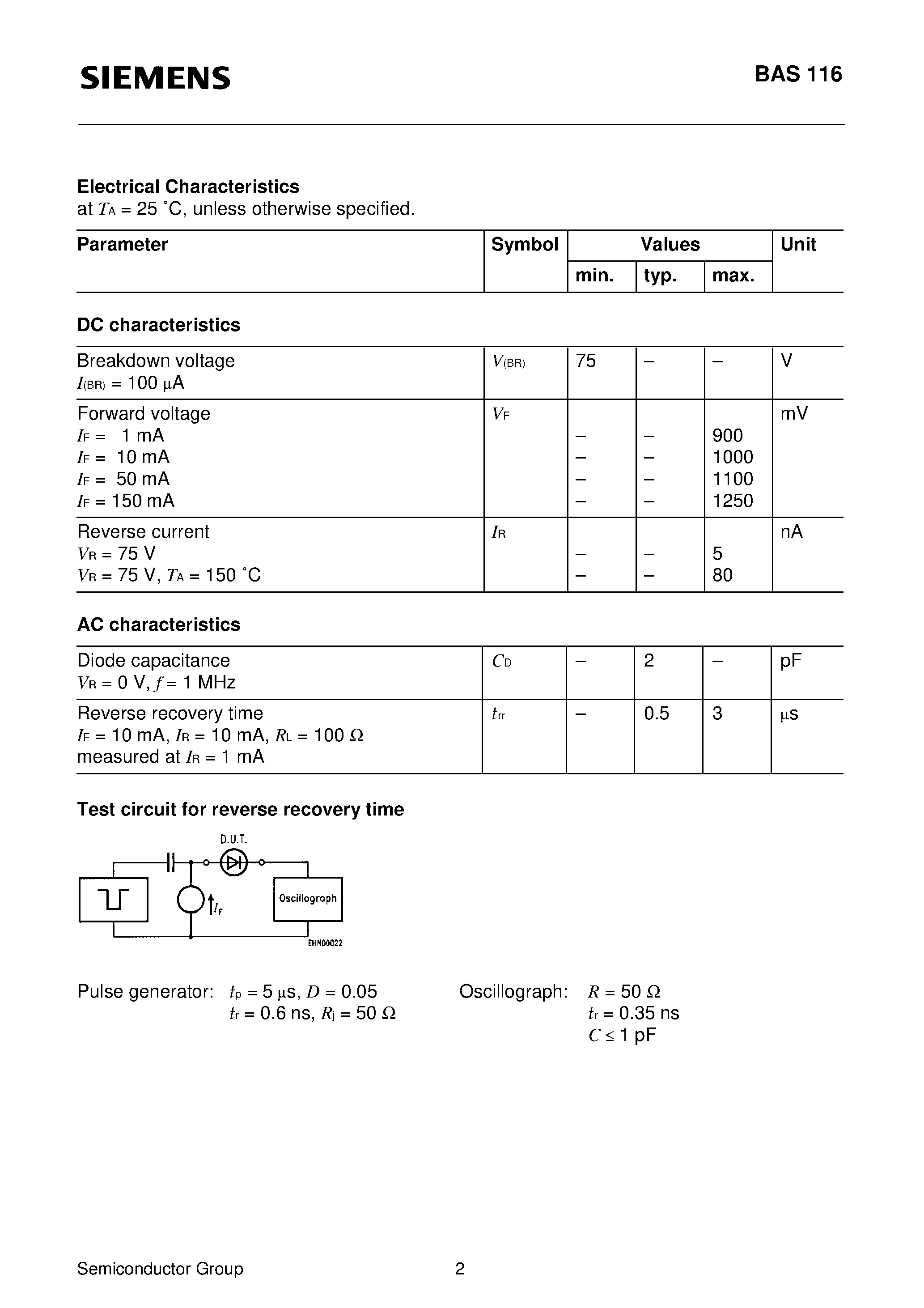 Datasheet BAS116 page 2 Datasheet BAS116 - Silicon Low Leakage Diode (Low-leakage applications Medium speed switching times Single diode) page 2
