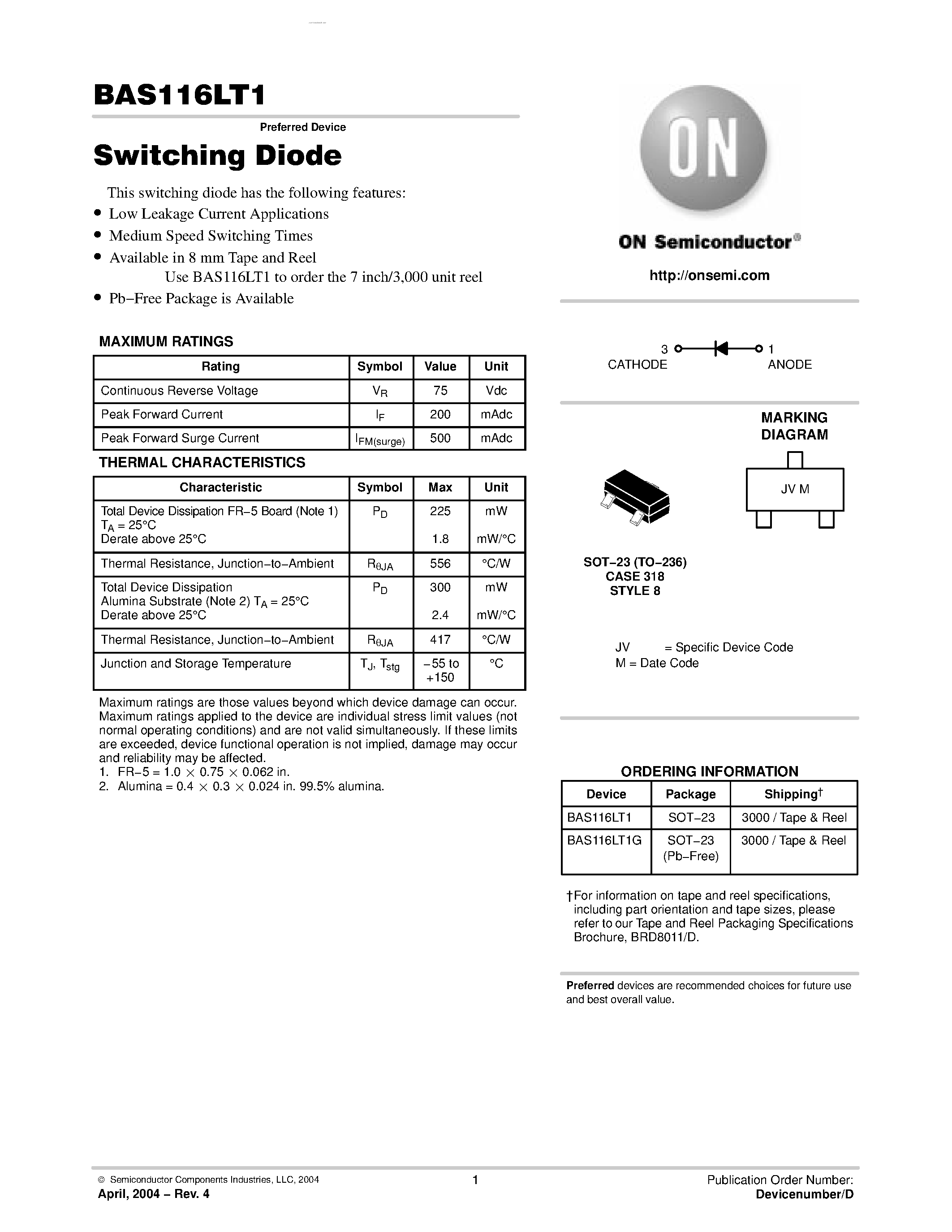 Datasheet BAS116LT1 page 1 Datasheet BAS116LT1 - Switching Diode page 1