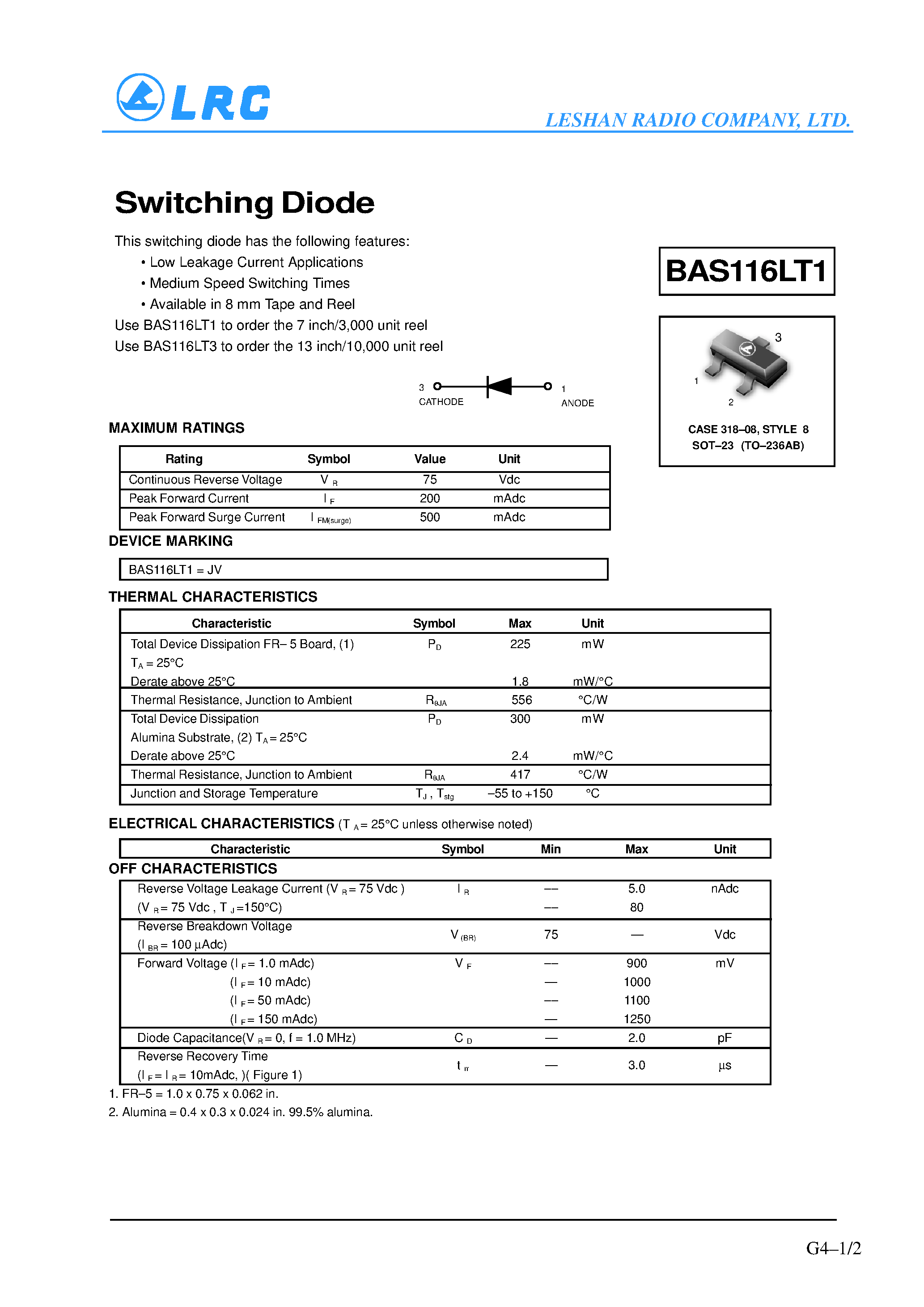 Datasheet BAS116LT1 - Switching Diode page 1