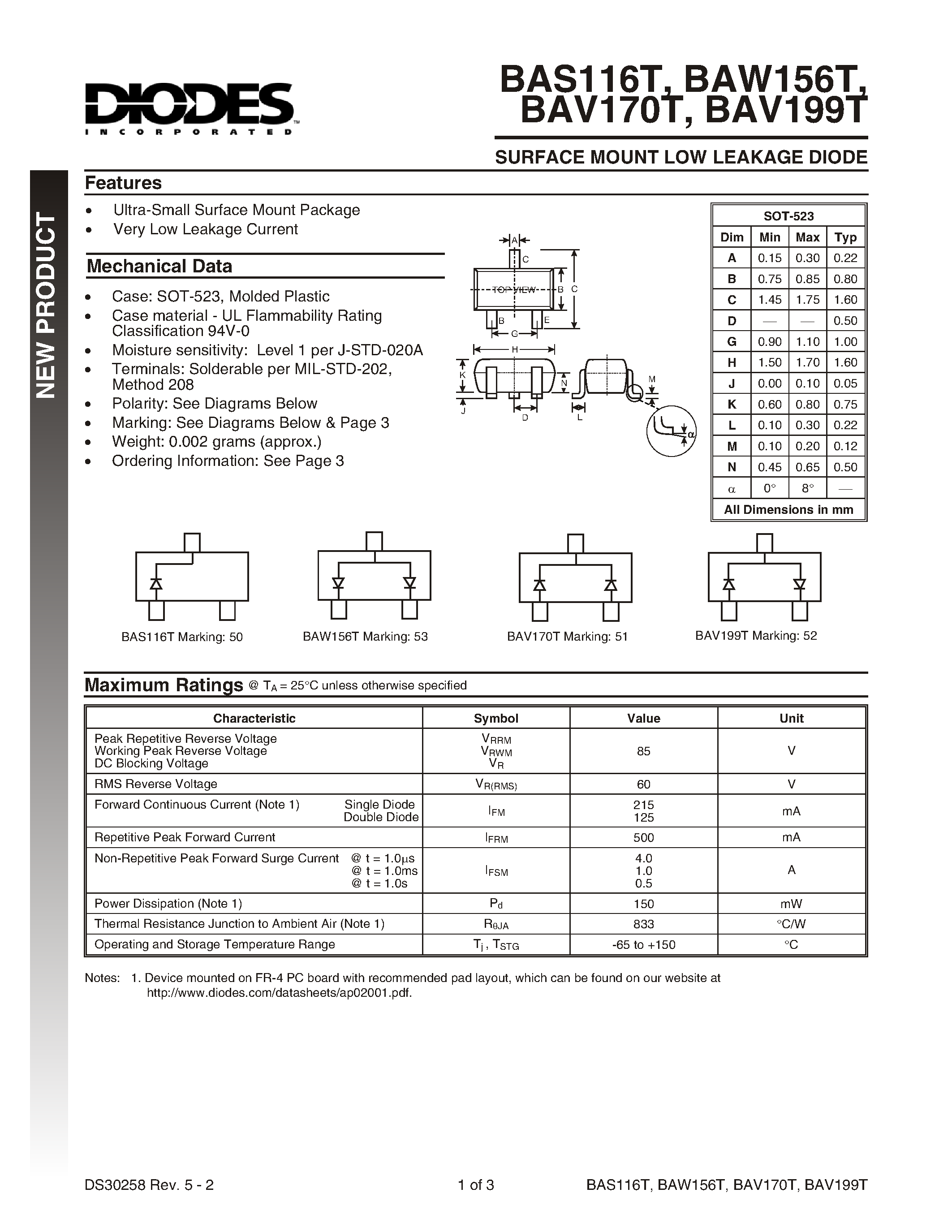 Datasheet BAS116T - SURFACE MOUNT LOW LEAKAGE DIODE page 1