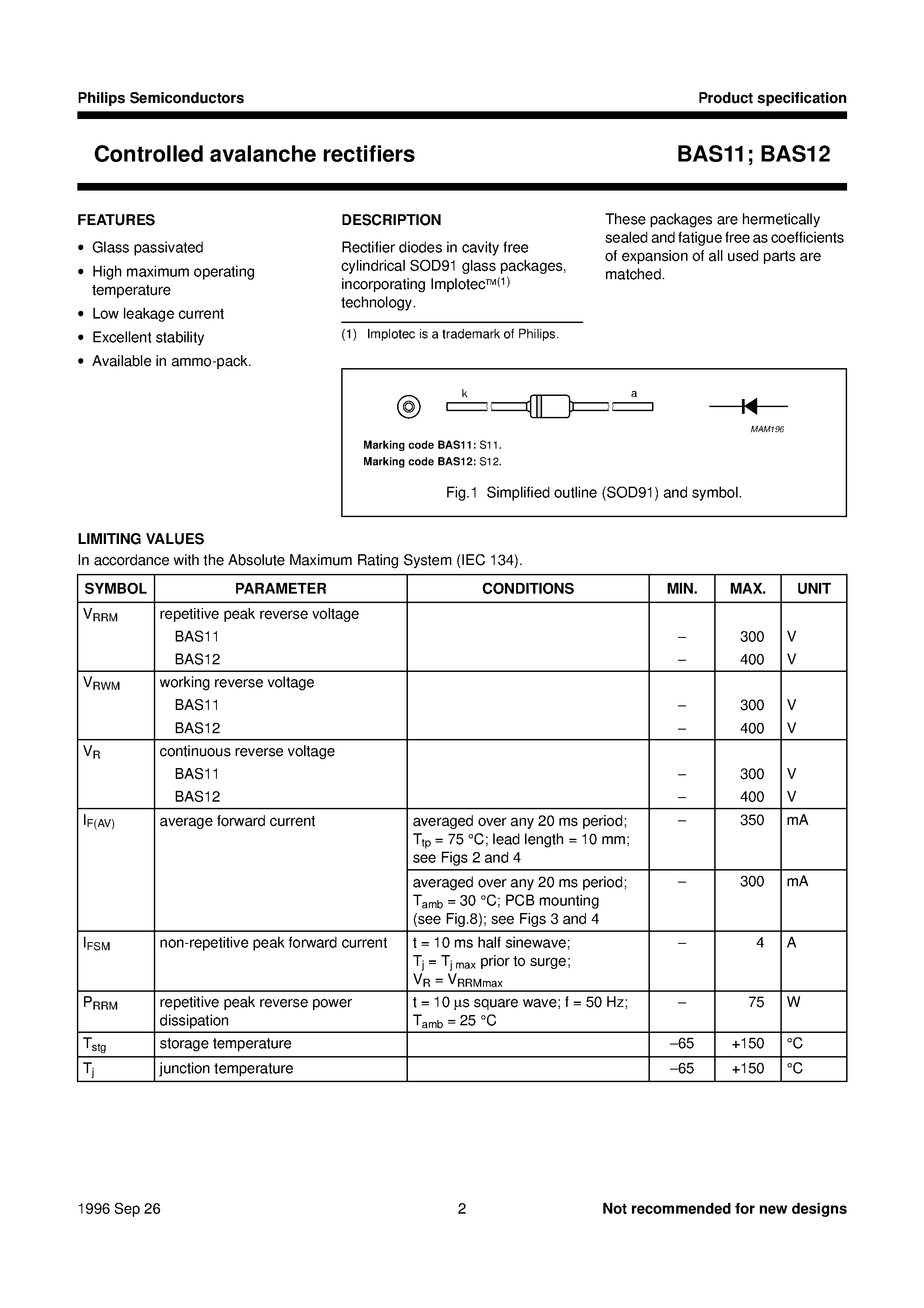Datasheet BAS12 page 2 Datasheet BAS12 - Controlled avalanche rectifiers page 2