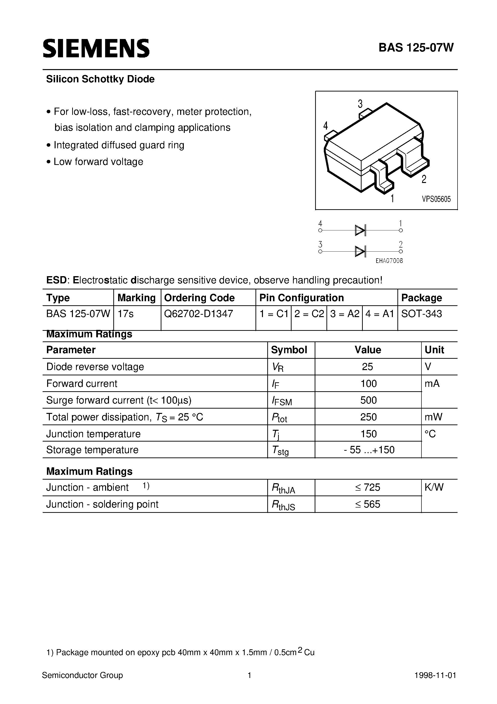 Datasheet BAS125-07 - Silicon Schottky Diode (For low-loss/ fast-recovery/ meter protection/ bias isolation and clamping applications) page 1