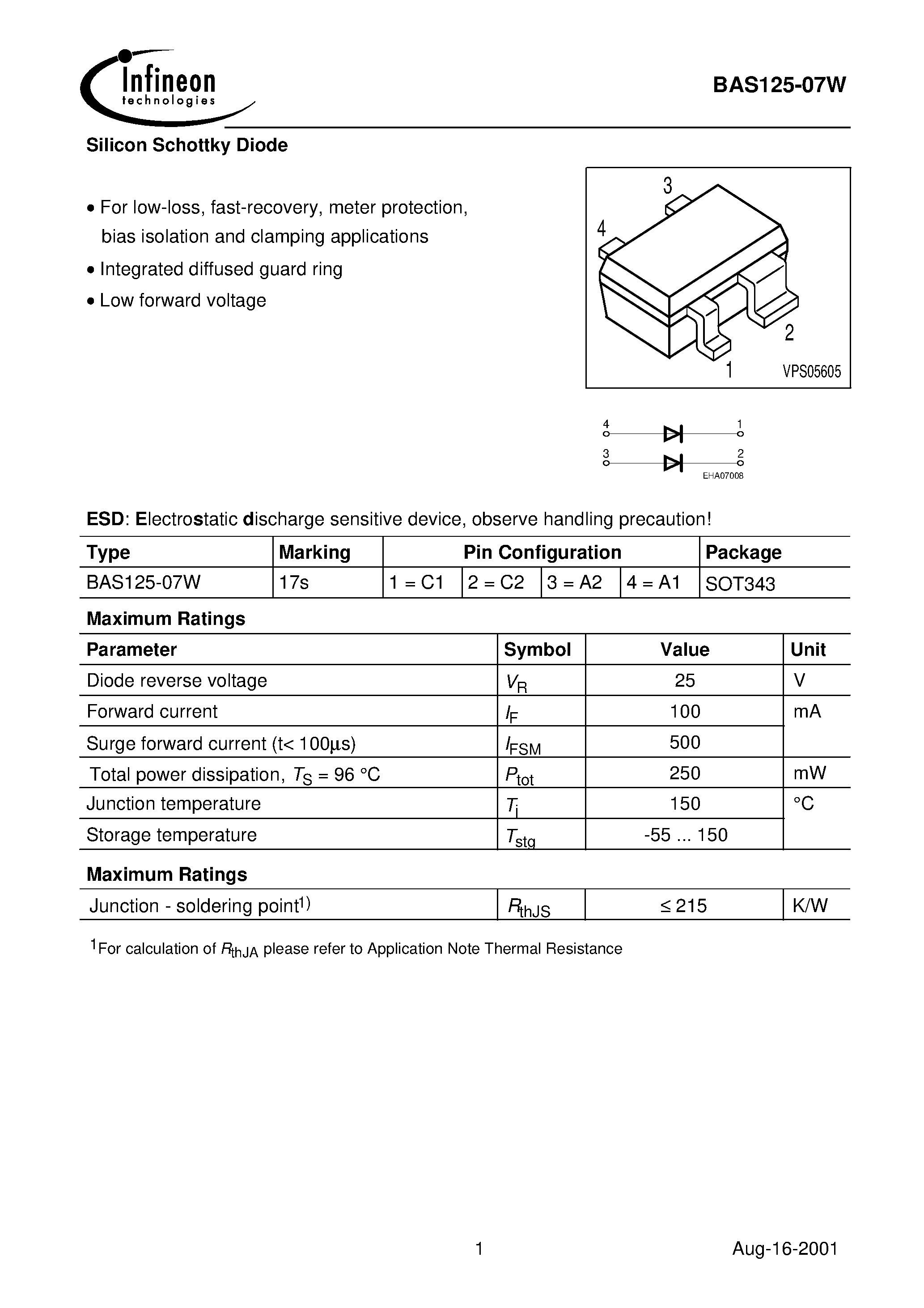 Datasheet BAS125-07W page 1 Datasheet BAS125-07W - Silicon Schottky Diode page 1