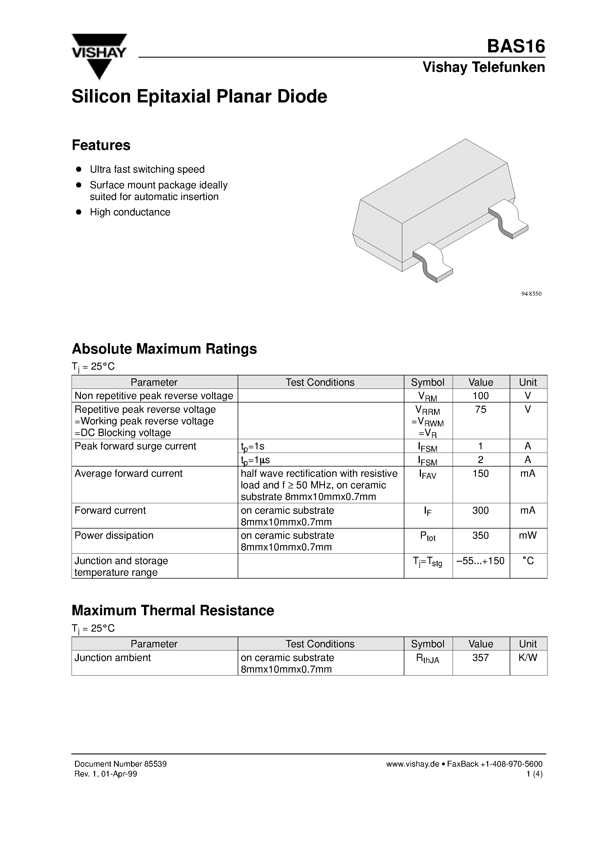 Datasheet BAS16 page 1 Datasheet BAS16 - Silicon Epitaxial Planar Diode page 1
