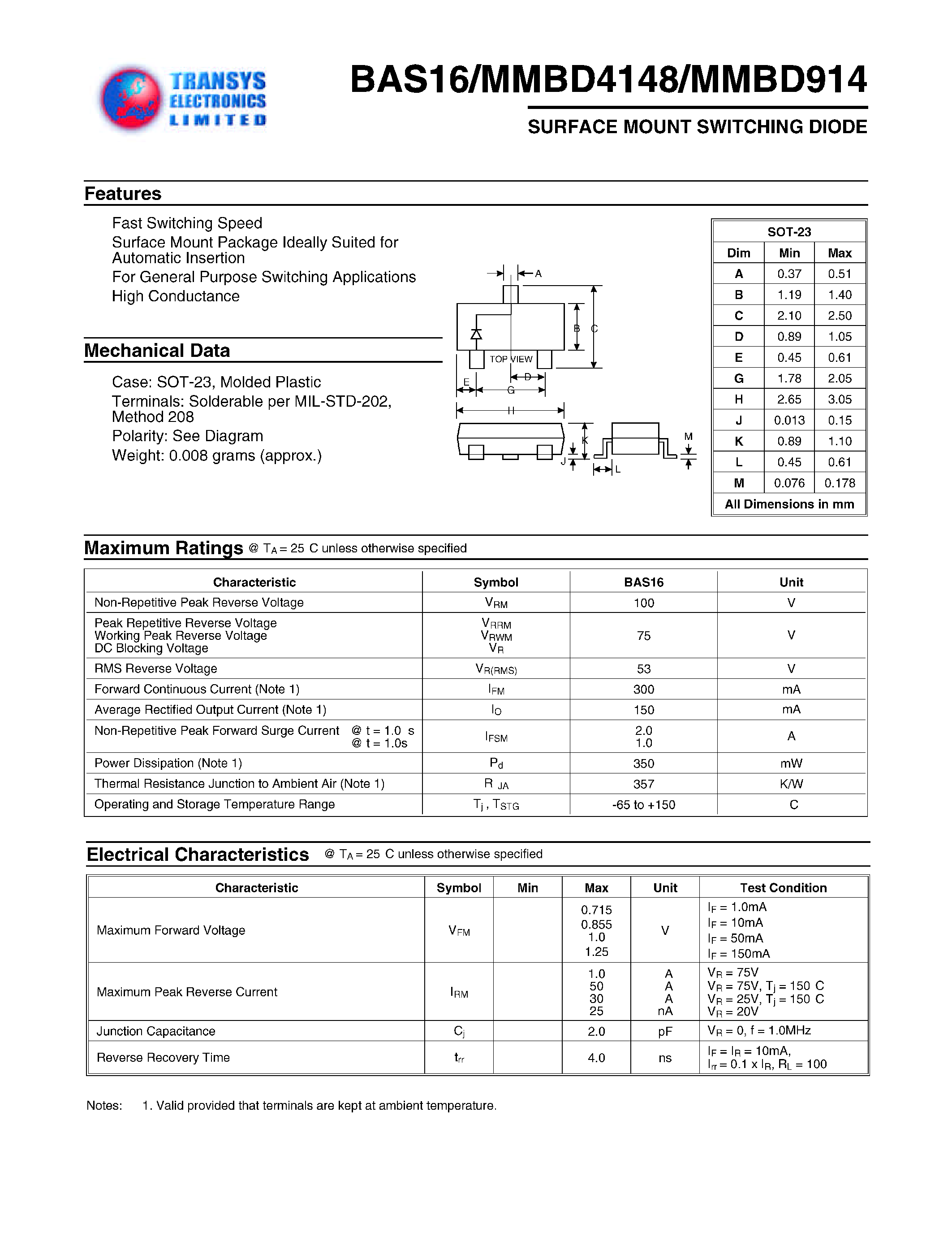 Datasheet BAS16 page 1 Datasheet BAS16 - SURFACE MOUNT SWITCHING DIODE page 1