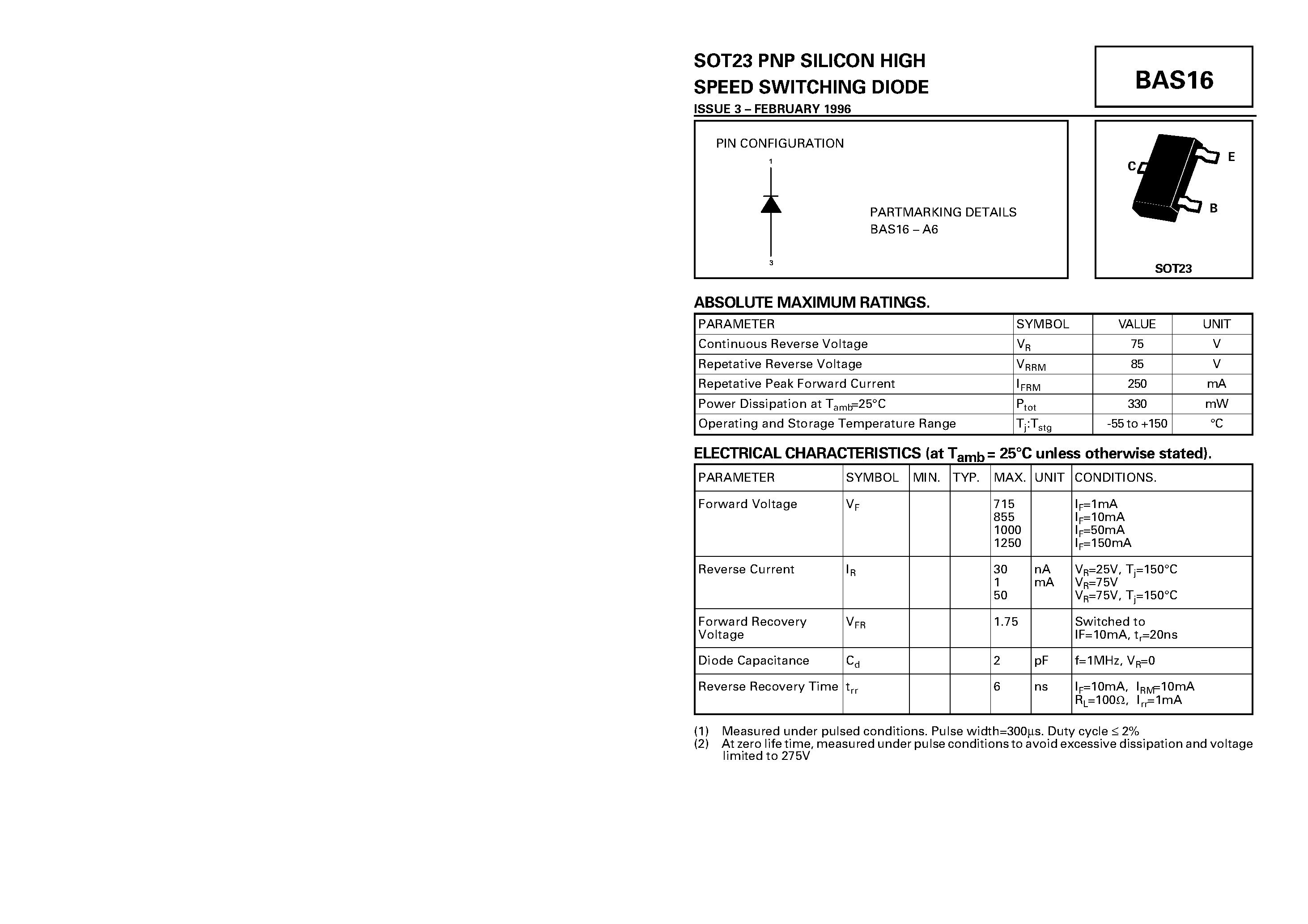 Datasheet BAS16 page 1 Datasheet BAS16 - PNP SILICON HIGH SPEED SWITCHING DIODE page 1