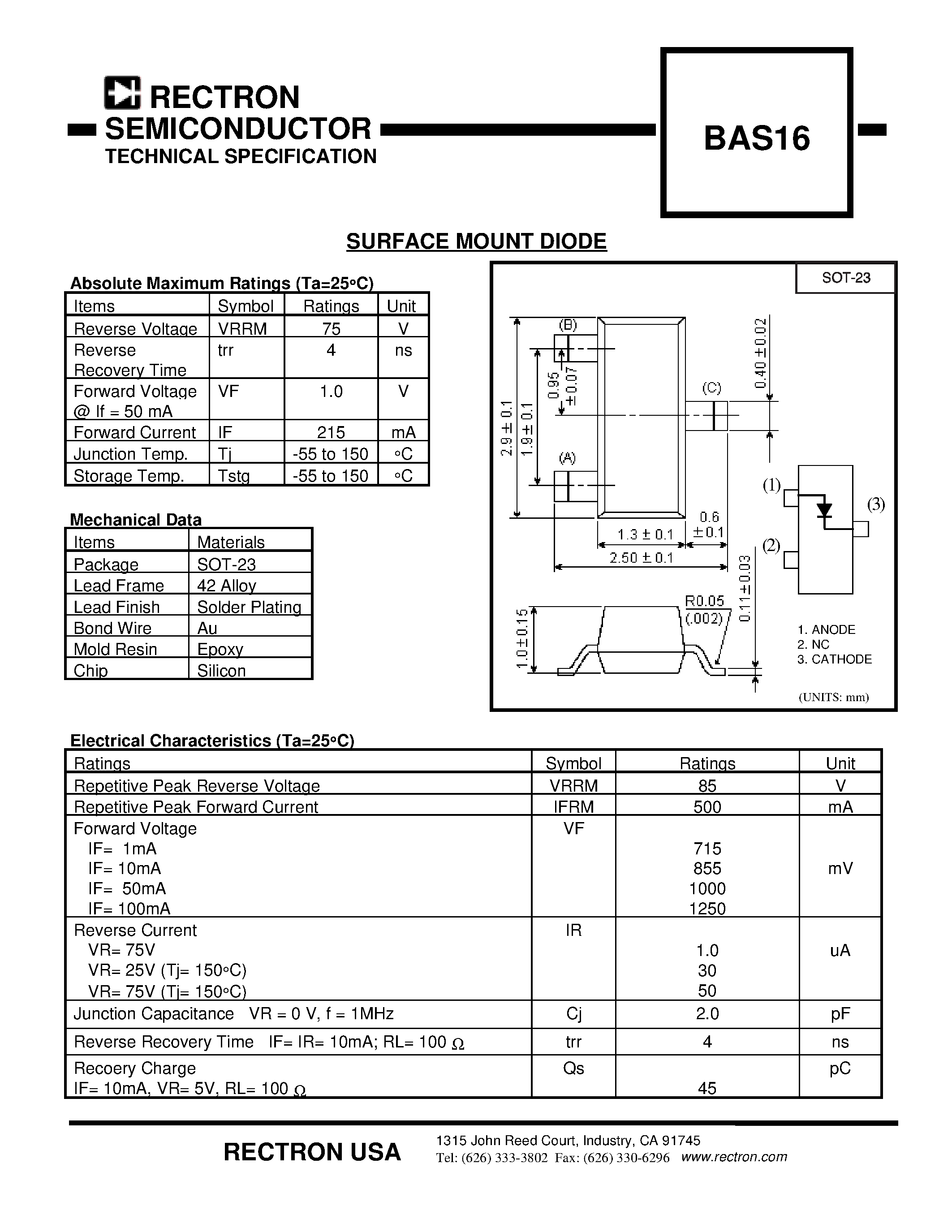 Datasheet BAS16 - SURFACE MOUNT DIODE page 1