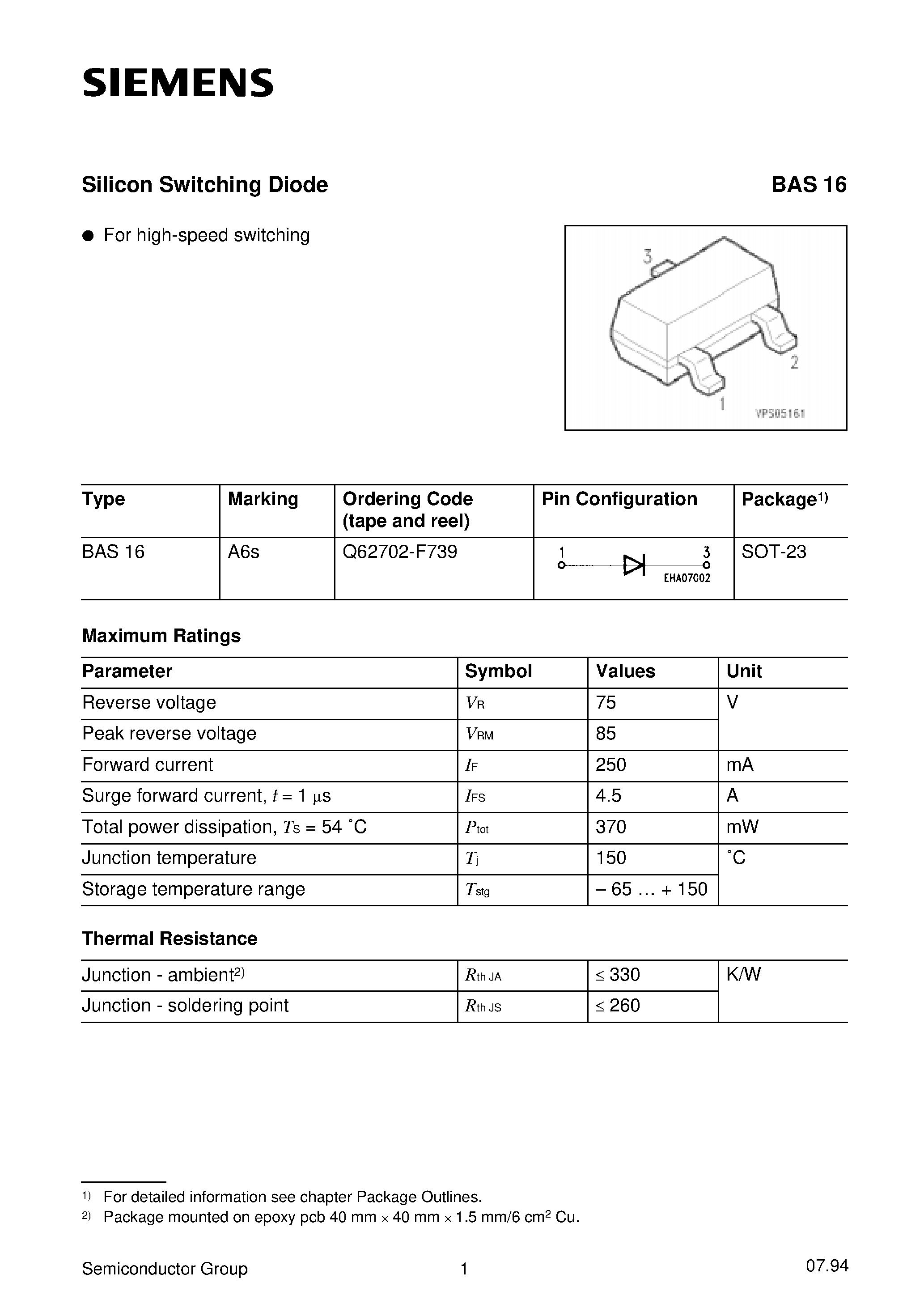 Datasheet BAS16 page 1 Datasheet BAS16 - Silicon Switching Diode (For high-speed switching) page 1