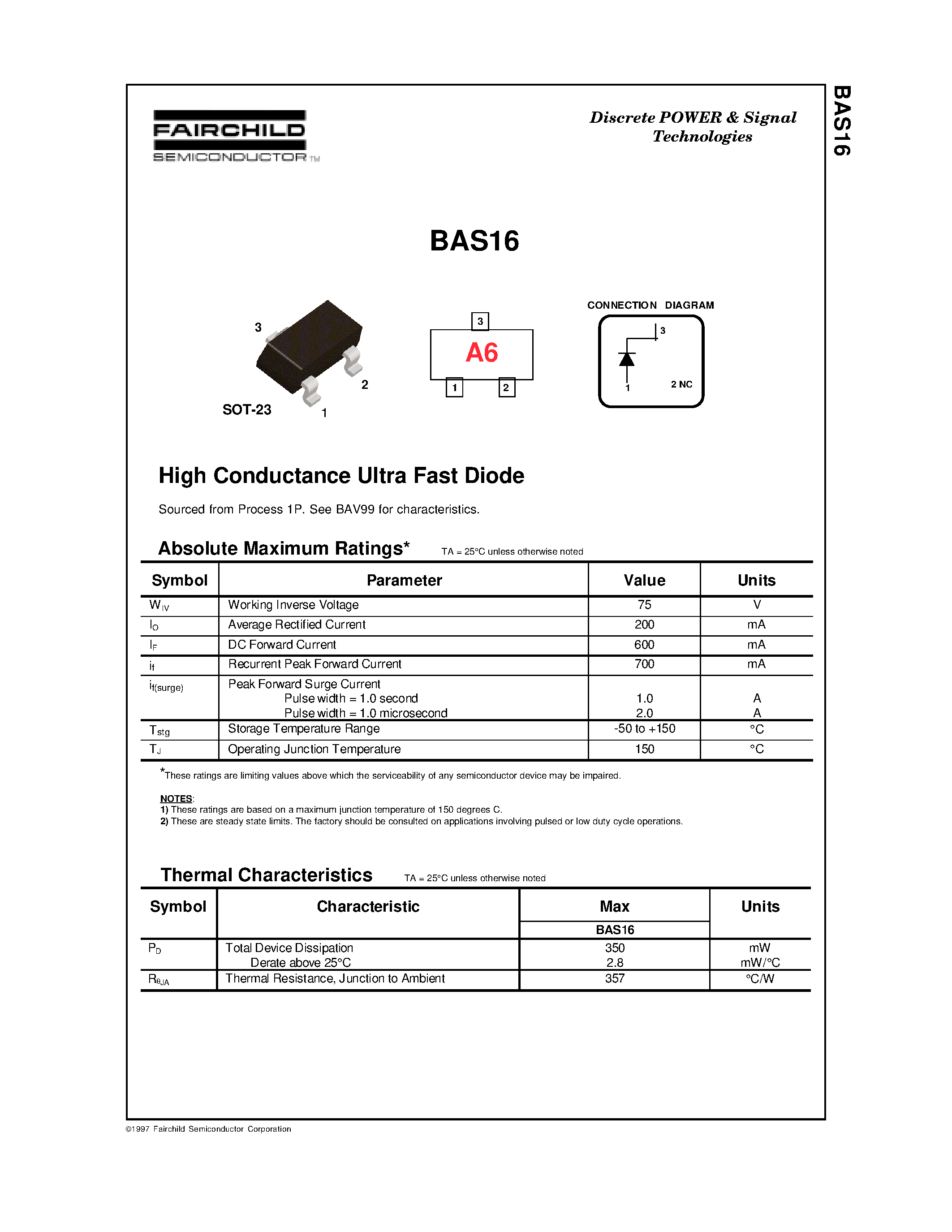 Datasheet BAS16 page 1 Datasheet BAS16 - High Conductance Ultra Fast Diode page 1