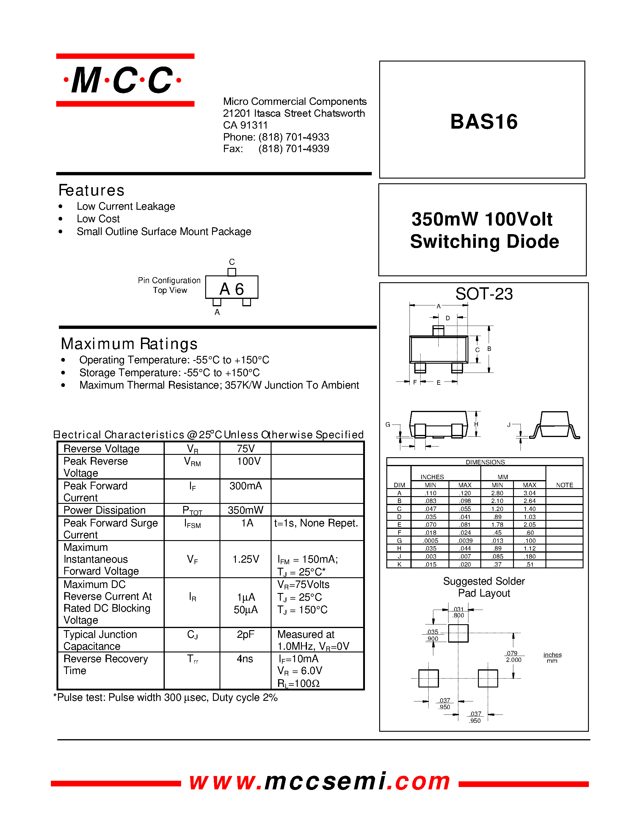 Datasheet BAS16 - 350mW 100Volt Switching Diode page 1