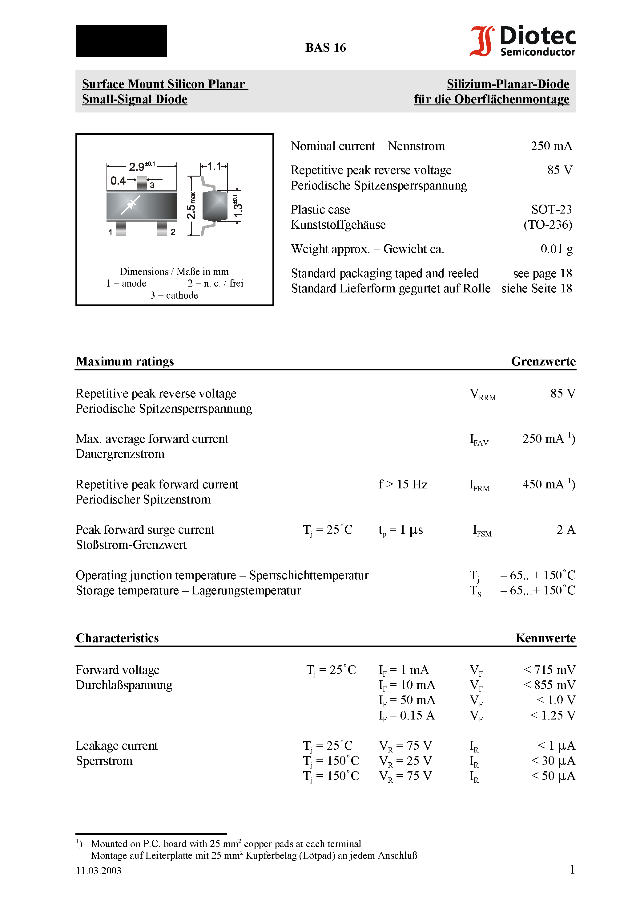 Datasheet BAS16 page 1 Datasheet BAS16 - Surface Mount Silicon Planar Small-Signal Diode page 1
