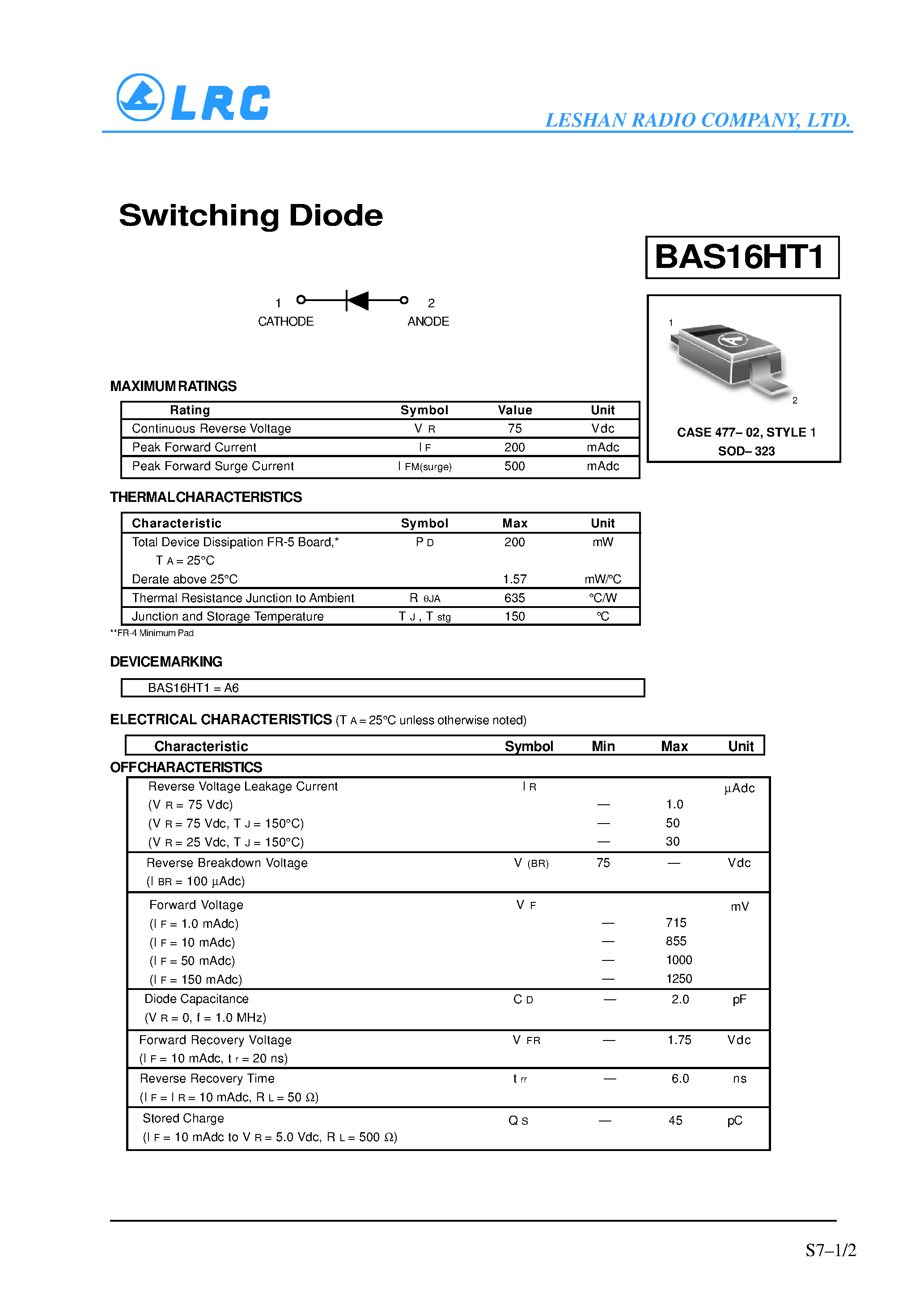 Datasheet BAS16HT1 page 1 Datasheet BAS16HT1 - Switching Diode page 1