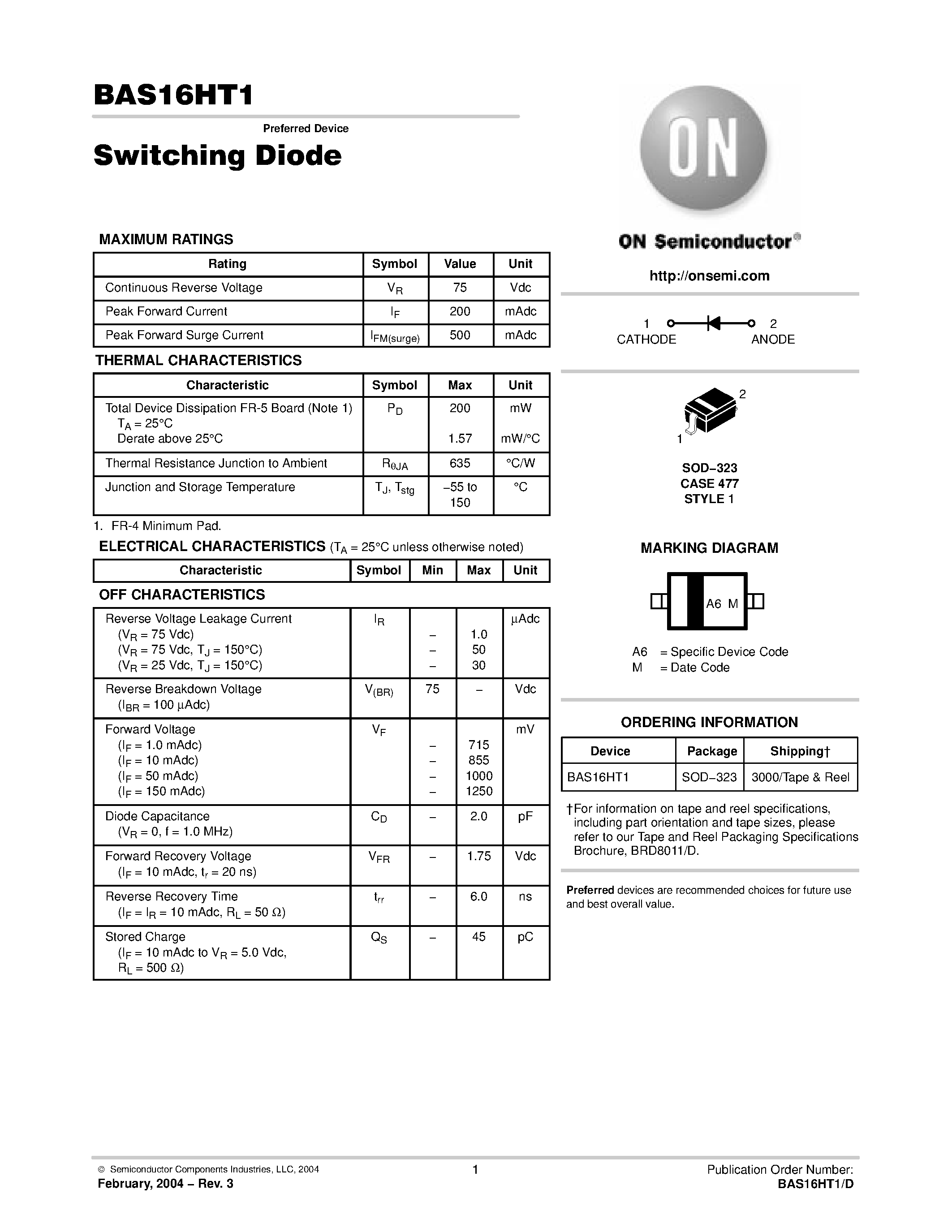 Datasheet BAS16HT1 page 1 Datasheet BAS16HT1 - Switching Diode page 1