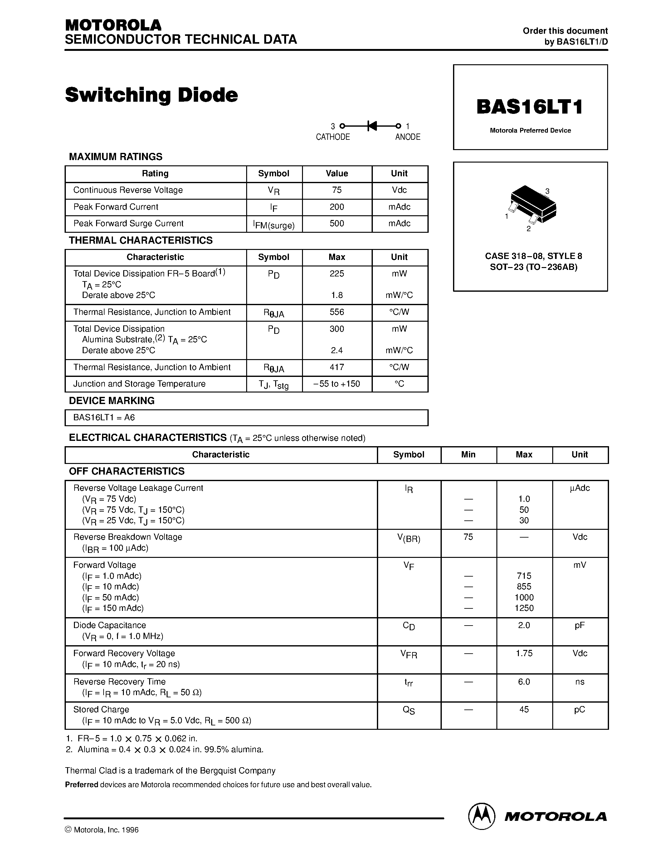 Даташит BAS16LT1 - CASE 31808/ STYLE 8 SOT23 (TO236AB) страница 1