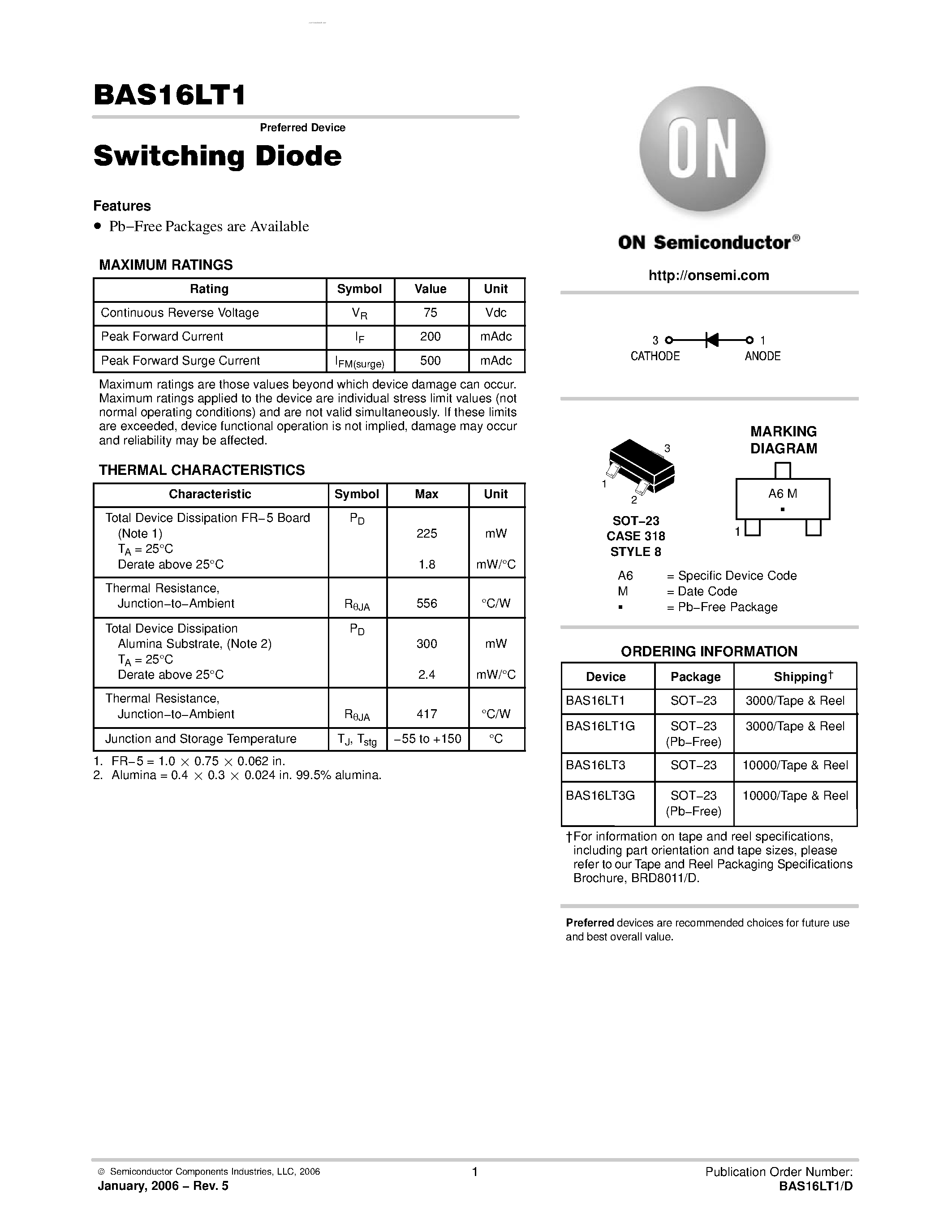 Datasheet BAS16LT1 page 1 Datasheet BAS16LT1 - Switching Diode page 1