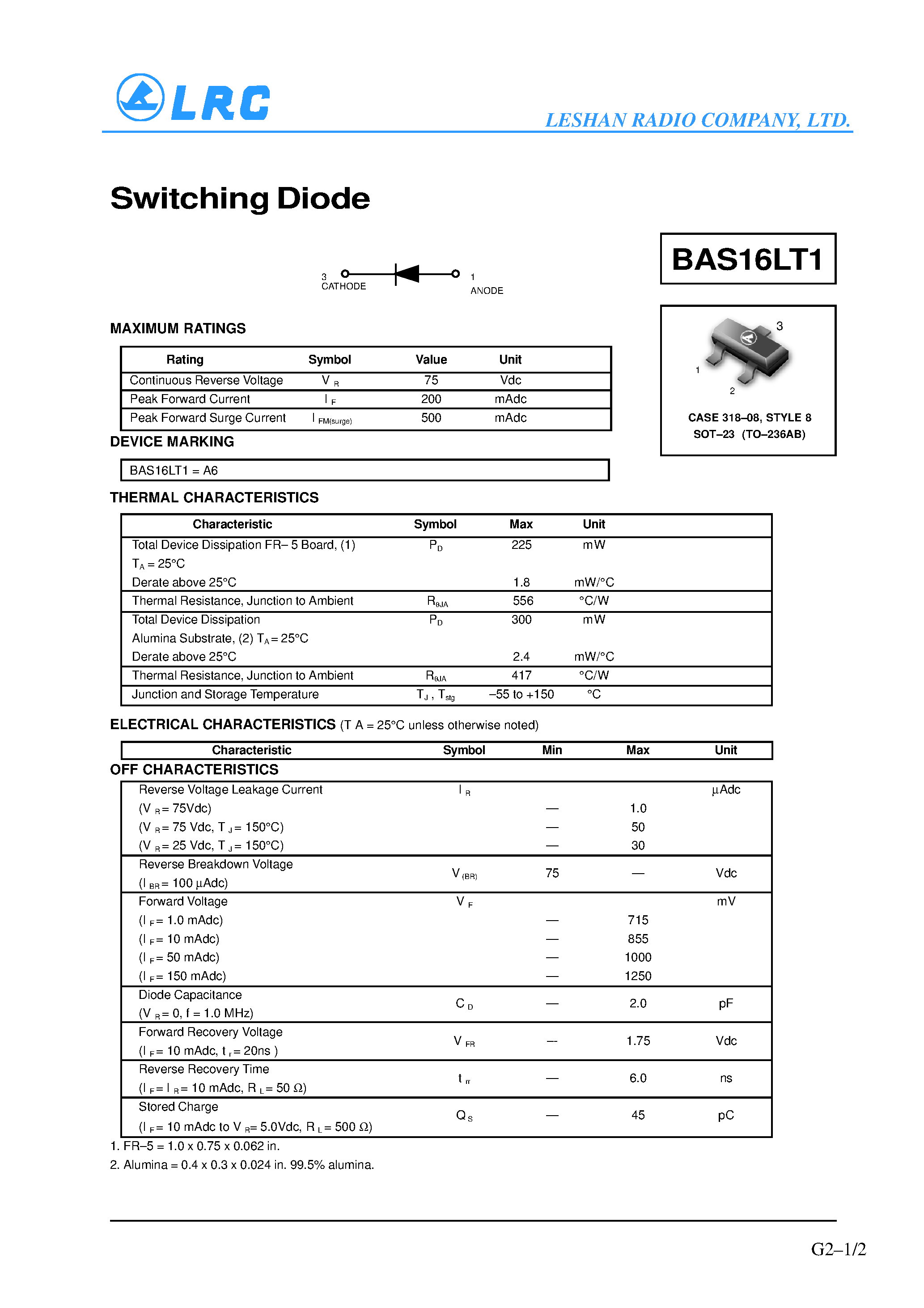 Datasheet BAS16LT1 page 1 Datasheet BAS16LT1 - Switching Diode page 1