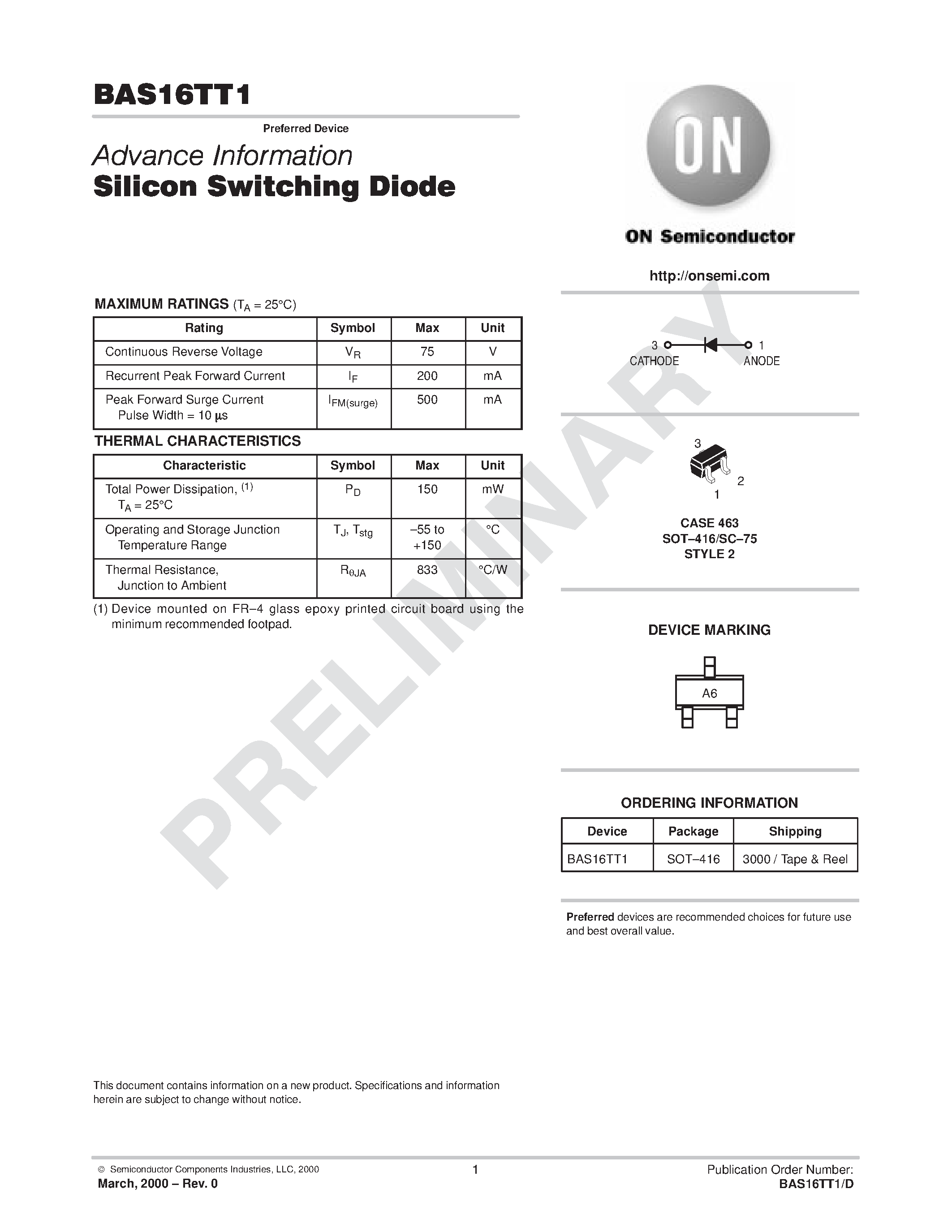 Datasheet BAS16TT1 page 1 Datasheet BAS16TT1 - Silicon Switching Diode page 1
