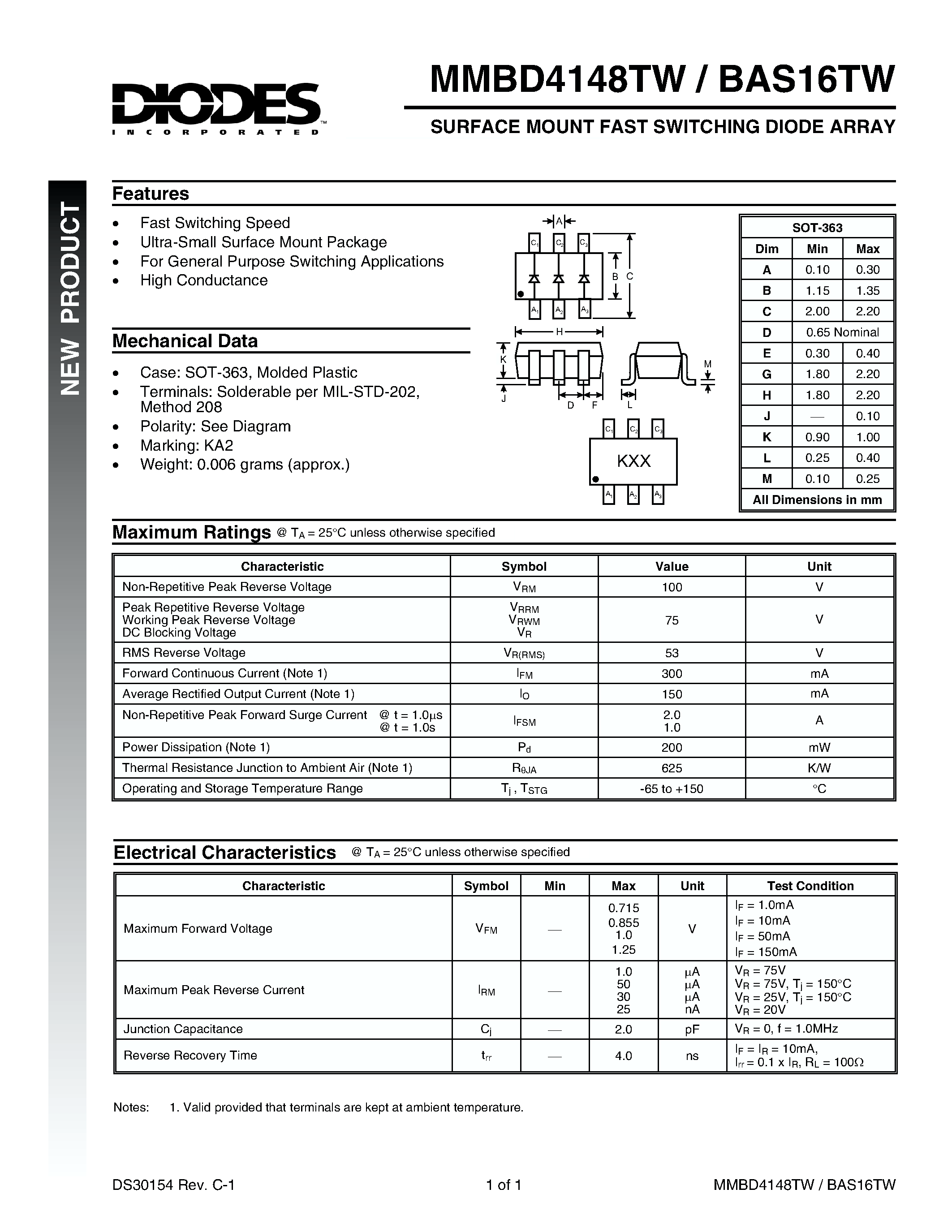 Datasheet BAS16TW - SURFACE MOUNT FAST SWITCHING DIODE ARRAY page 1