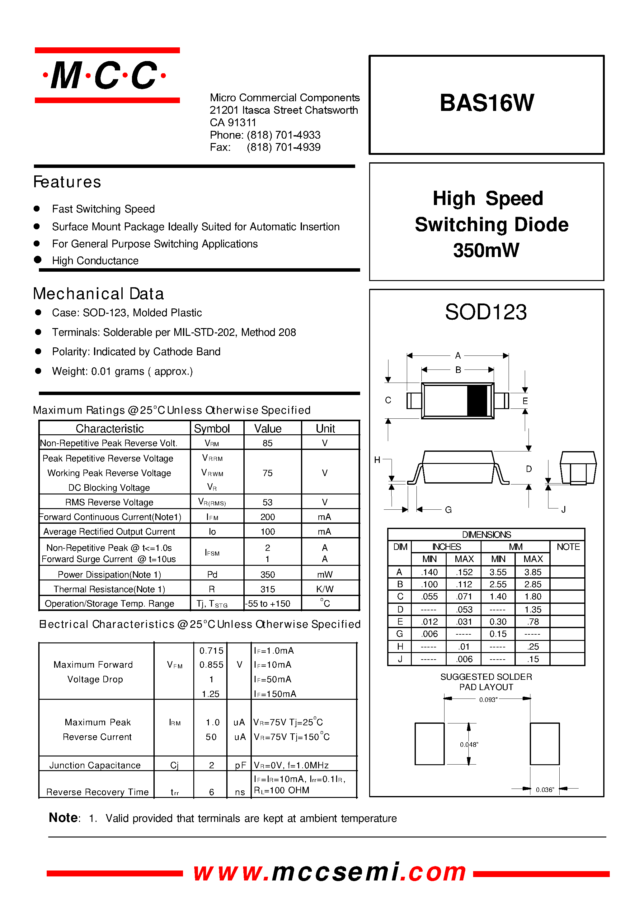 Datasheet BAS16W - High Speed Switching Diode 350mW page 1