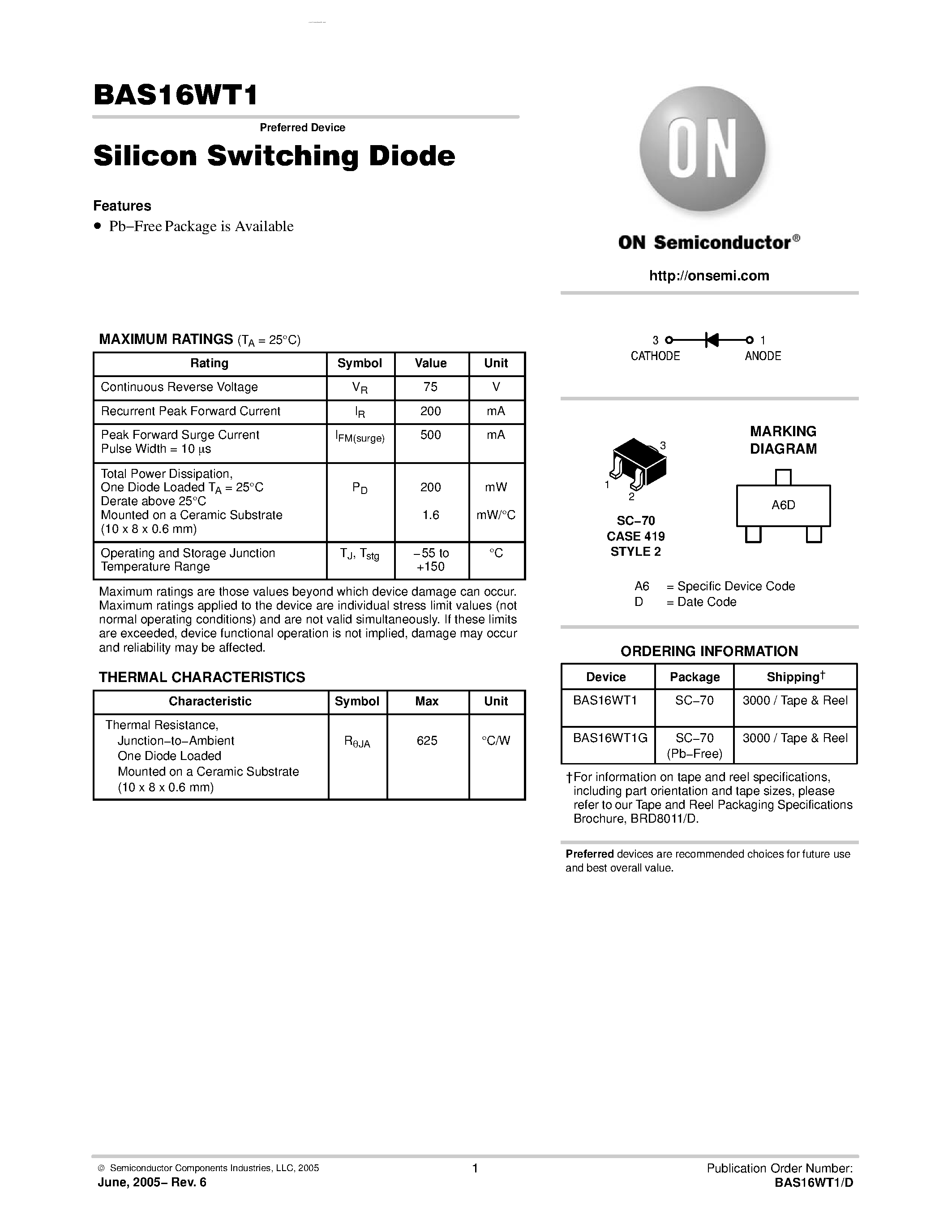 Datasheet BAS16WT1 page 1 Datasheet BAS16WT1 - Silicon Switching Diode page 1