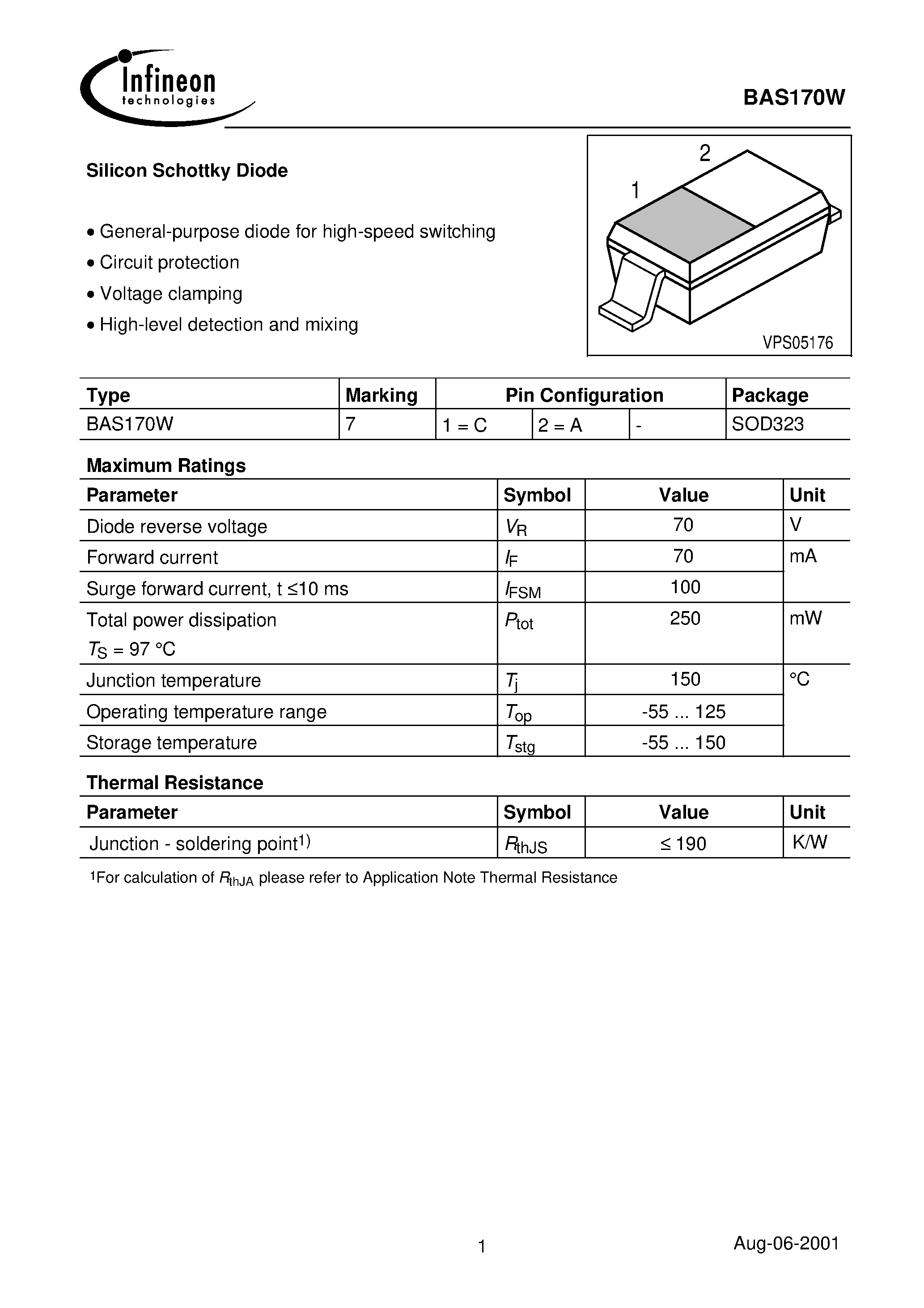 Datasheet BAS170 page 1 Datasheet BAS170 - Silicon Schottky Diode page 1