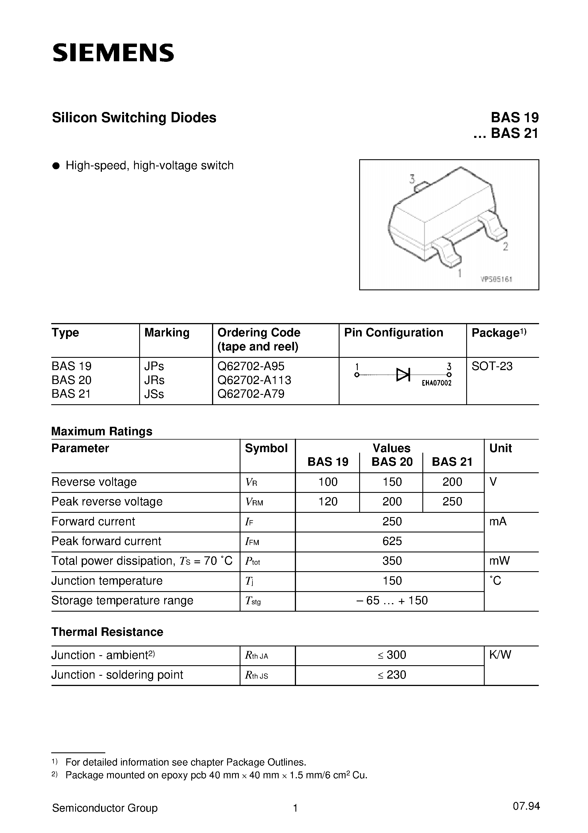 Даташит на микросхему BAS19 страница 1 Даташит BAS19 - Silicon Switching Diodes (High-speed/ high-voltage switch) страница 1