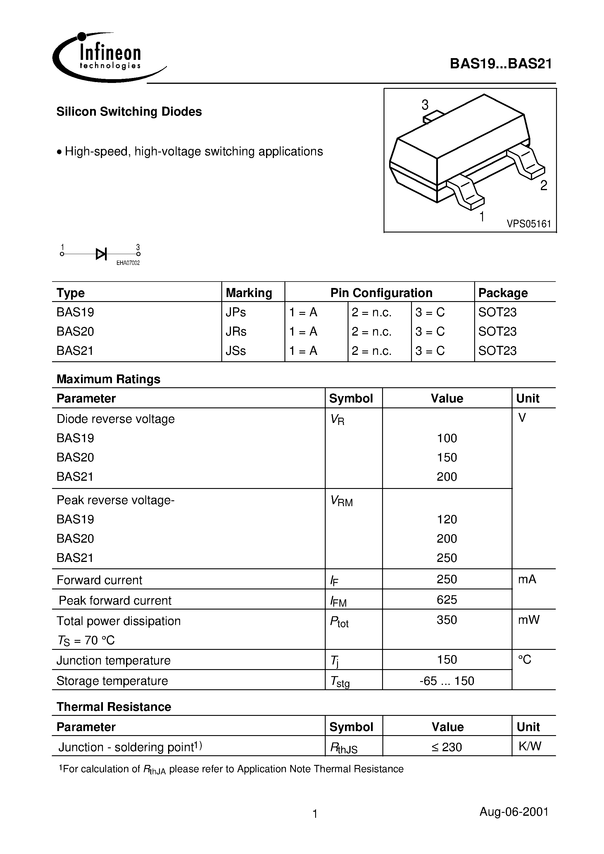 Даташит на микросхему BAS19 страница 1 Даташит BAS19 - Silicon Switching Diodes страница 1