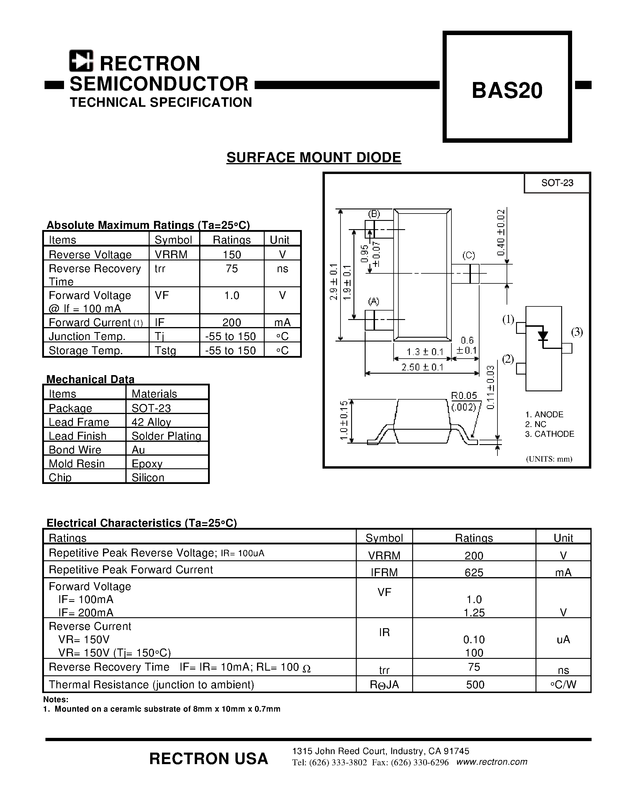 Datasheet BAS20 - SURFACE MOUNT DIODE page 1