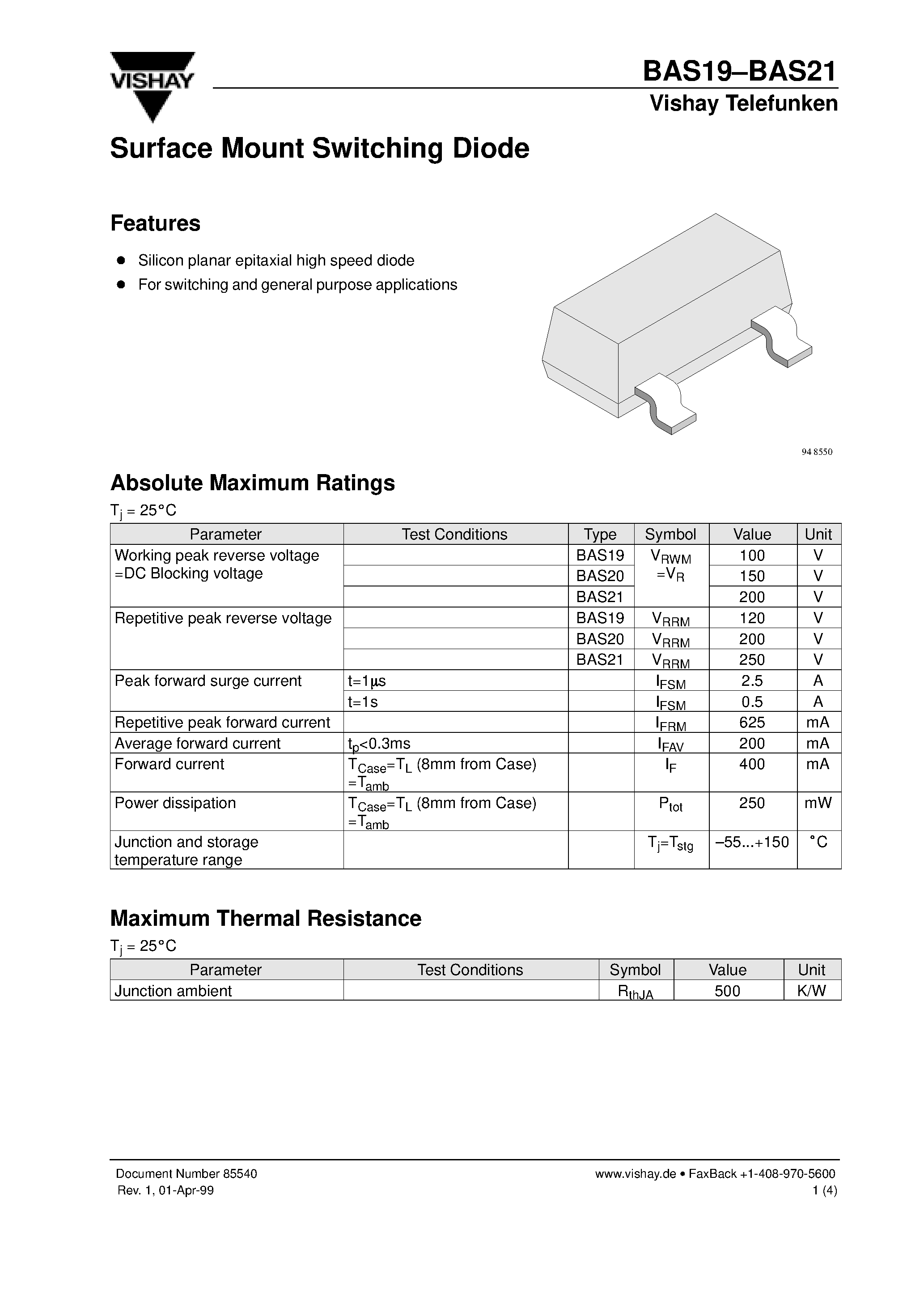 Datasheet BAS20 - Surface Mount Switching Diode page 1