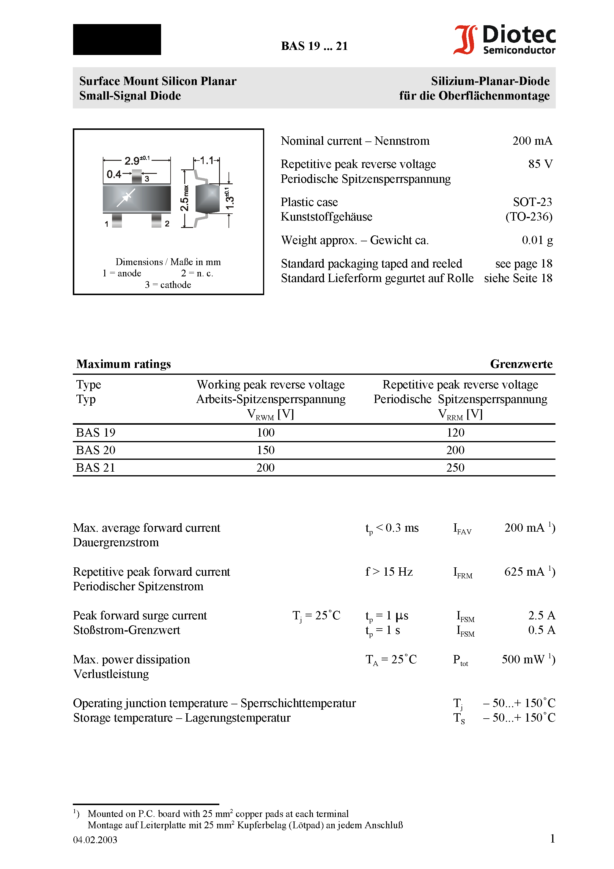 Datasheet BAS20 - Surface Mount Silicon Planar Small-Signal Diode page 1