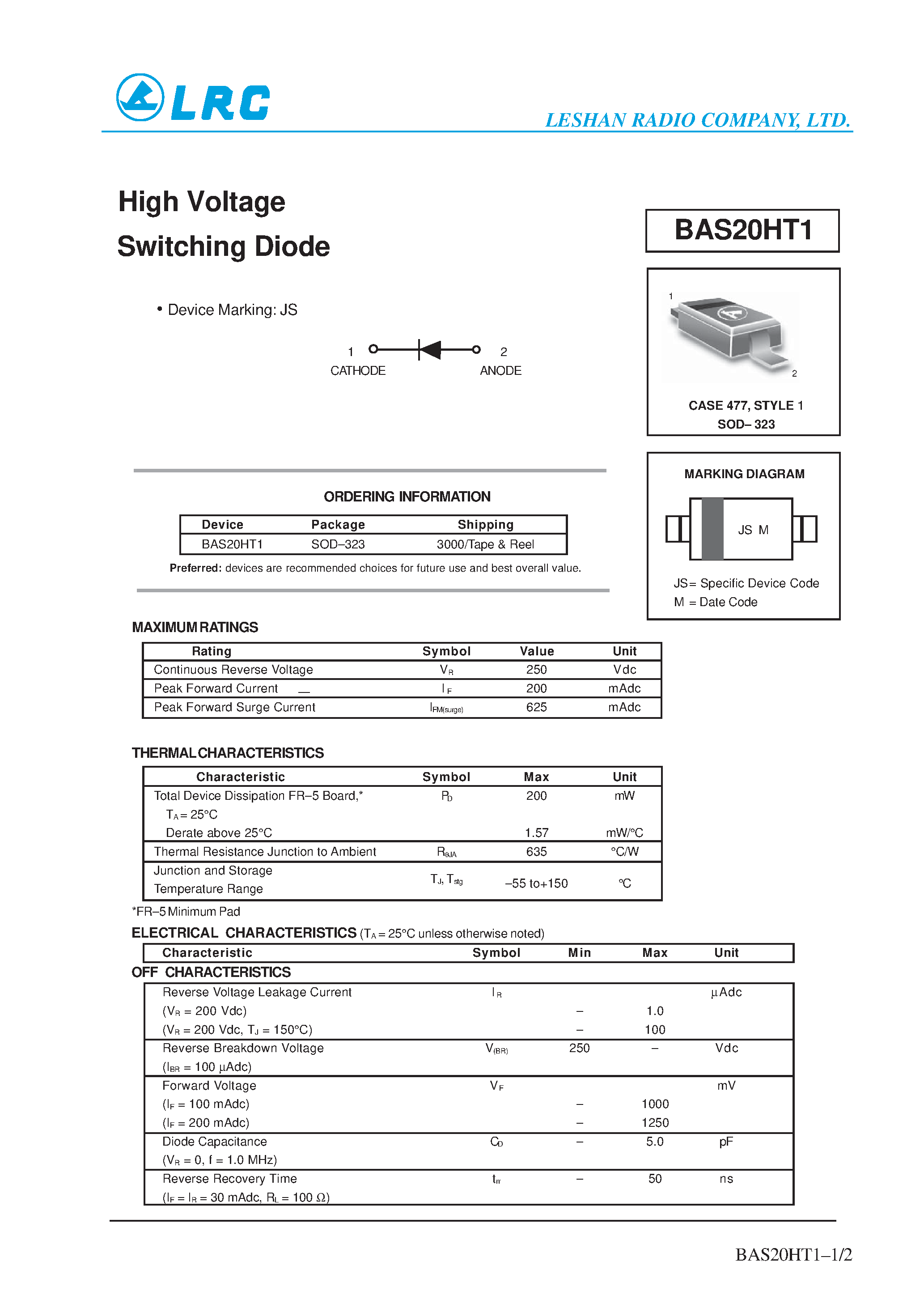 Datasheet BAS20HT1 - High Voltage Switching Diode page 1