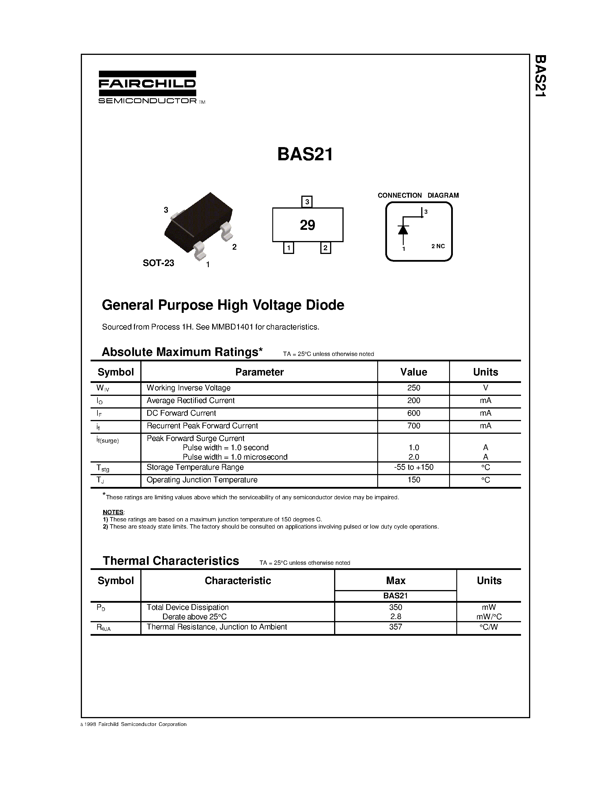 Datasheet BAS21 - General Purpose High Voltage Diode page 1