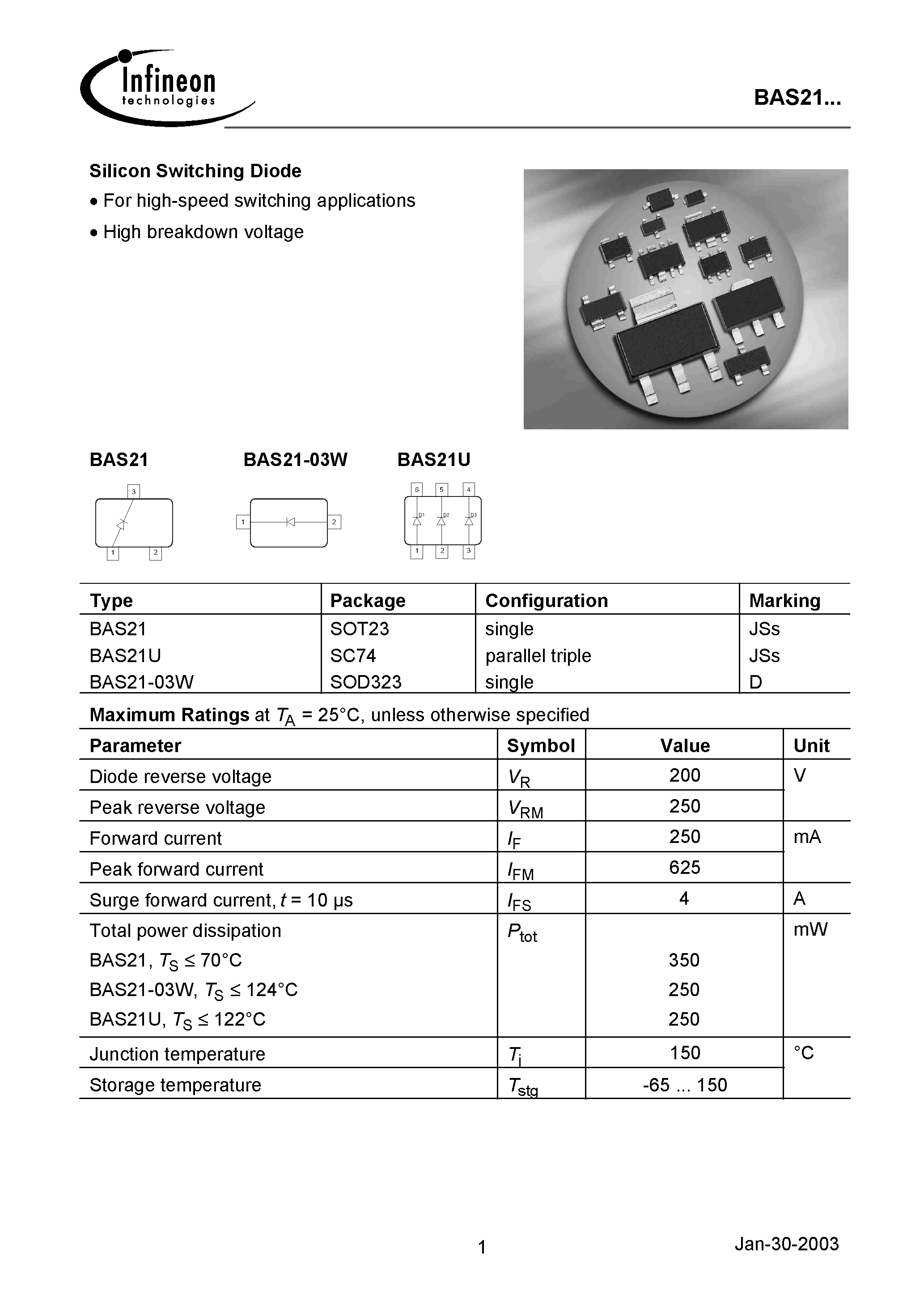 Datasheet BAS21-03W - Silicon Switching Diode page 1