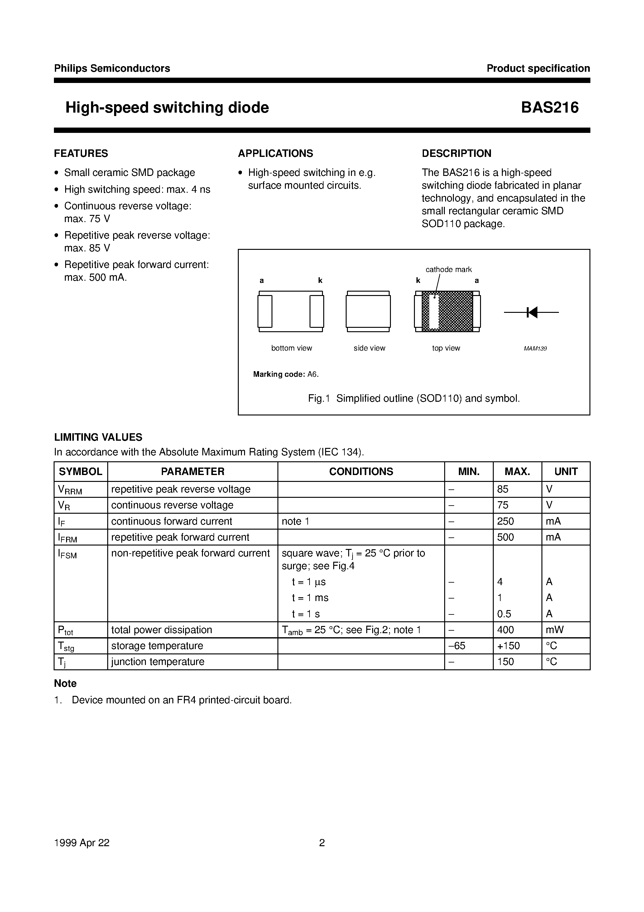 Datasheet BAS216 page 2 Datasheet BAS216 - High-speed switching diode page 2