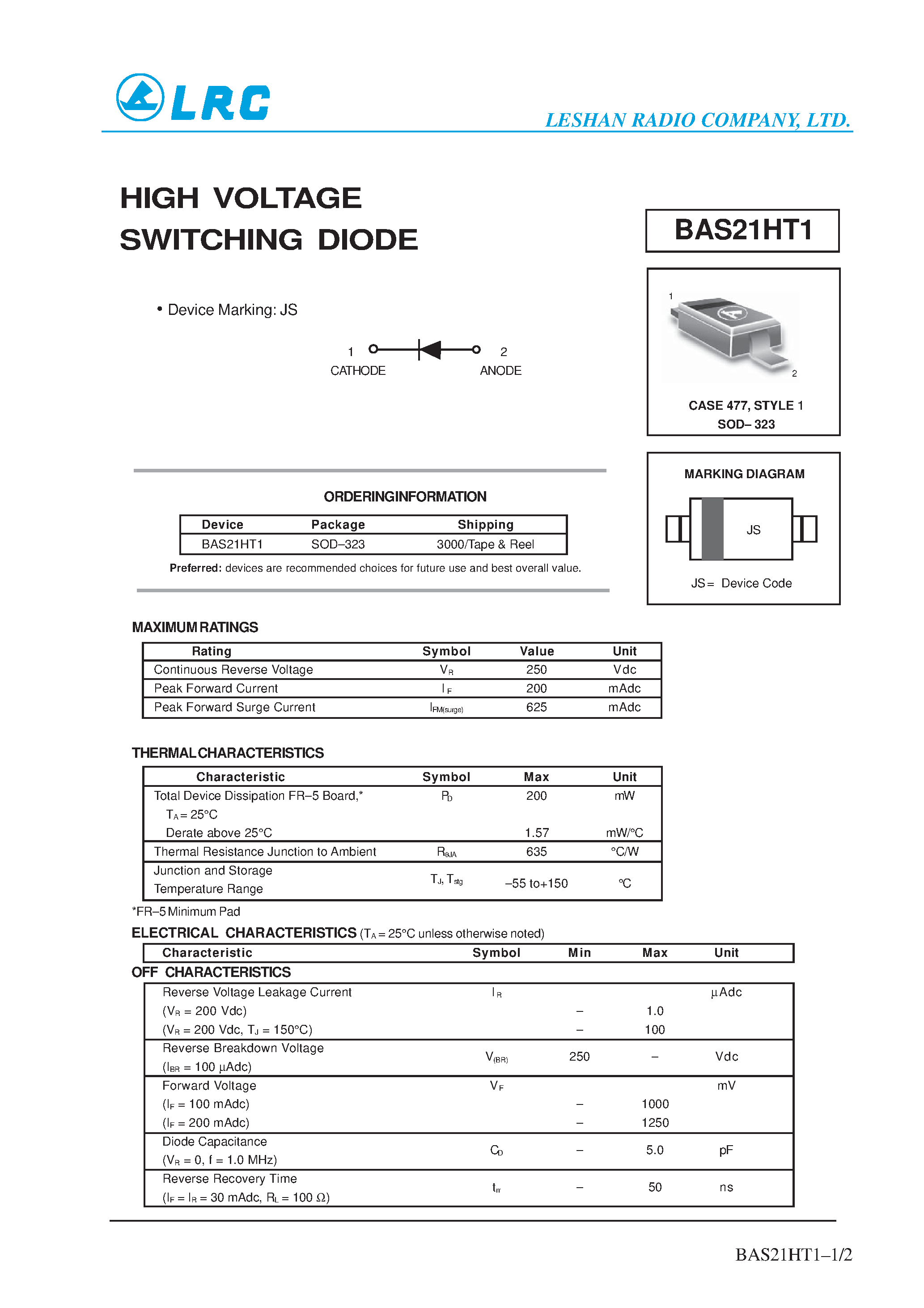 Datasheet BAS21HT1 - HIGH VOLTAGE SWITCHING DIODE page 1