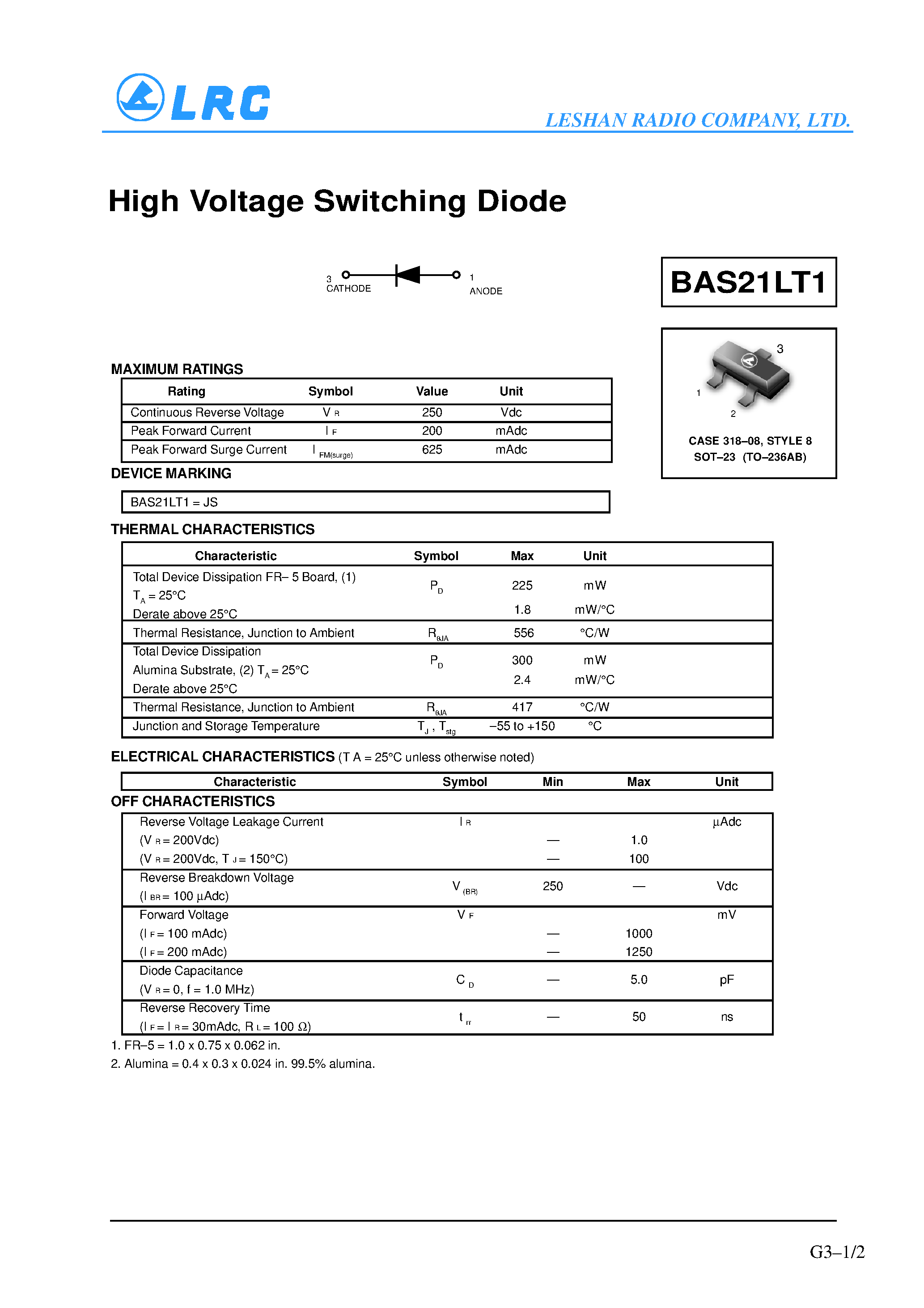 Datasheet BAS21LT1 page 1 Datasheet BAS21LT1 - High Voltage Switching Diode page 1
