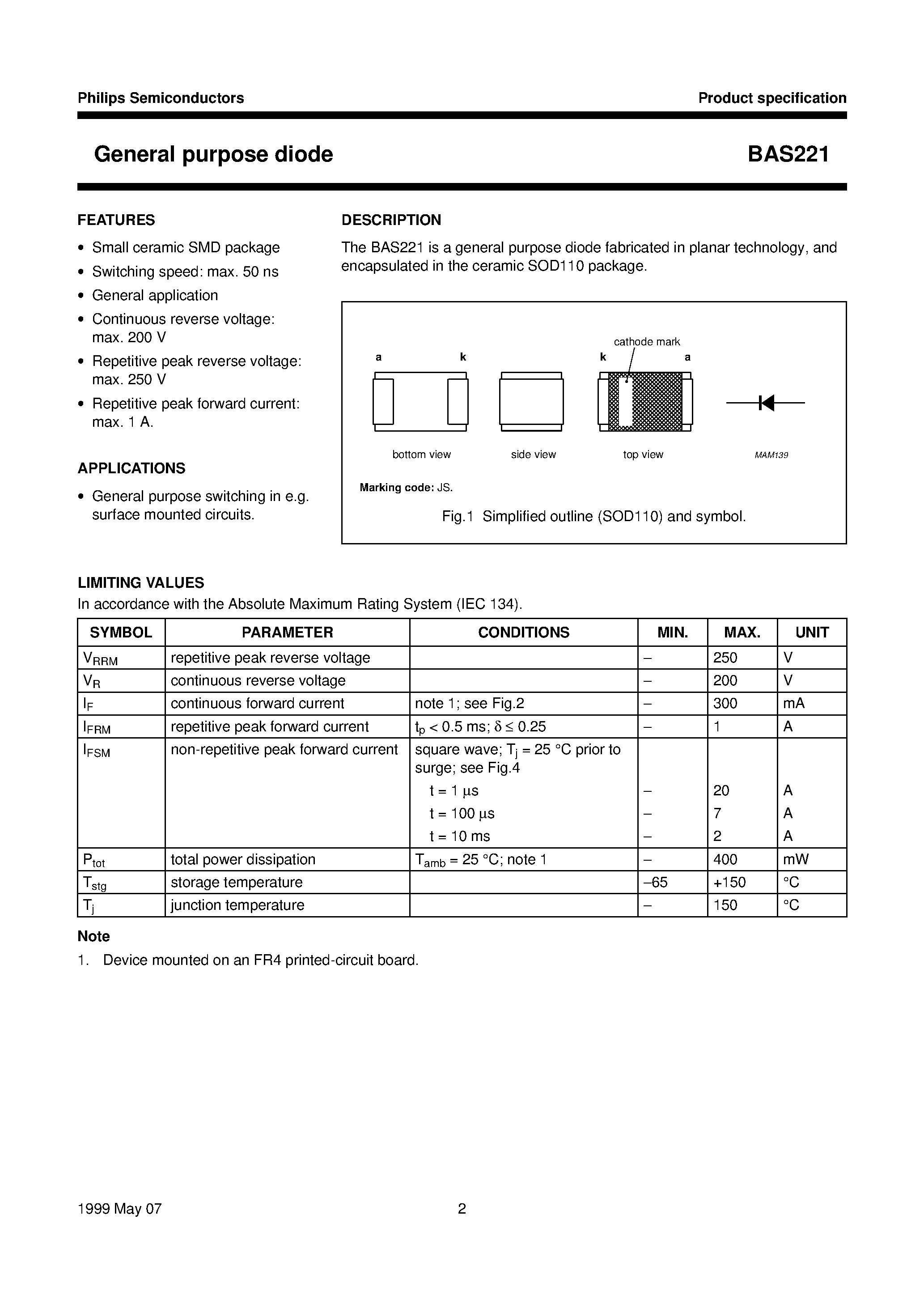 Datasheet BAS221 page 2 Datasheet BAS221 - General purpose diode page 2