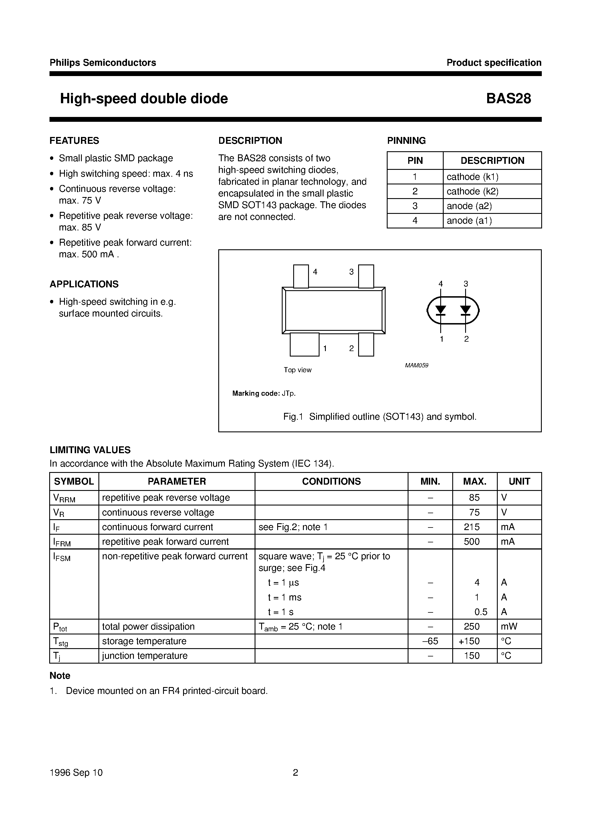Datasheet BAS28 page 2 Datasheet BAS28 - High-speed double diode page 2