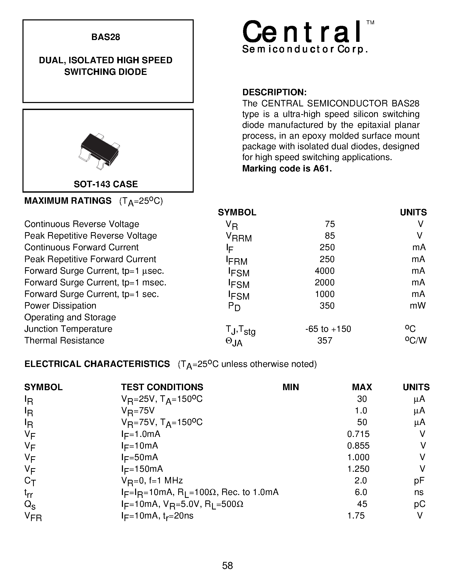 Datasheet BAS28 - DUAL/ ISOLATED HIGH SPEED SWITCHING DIODE page 1