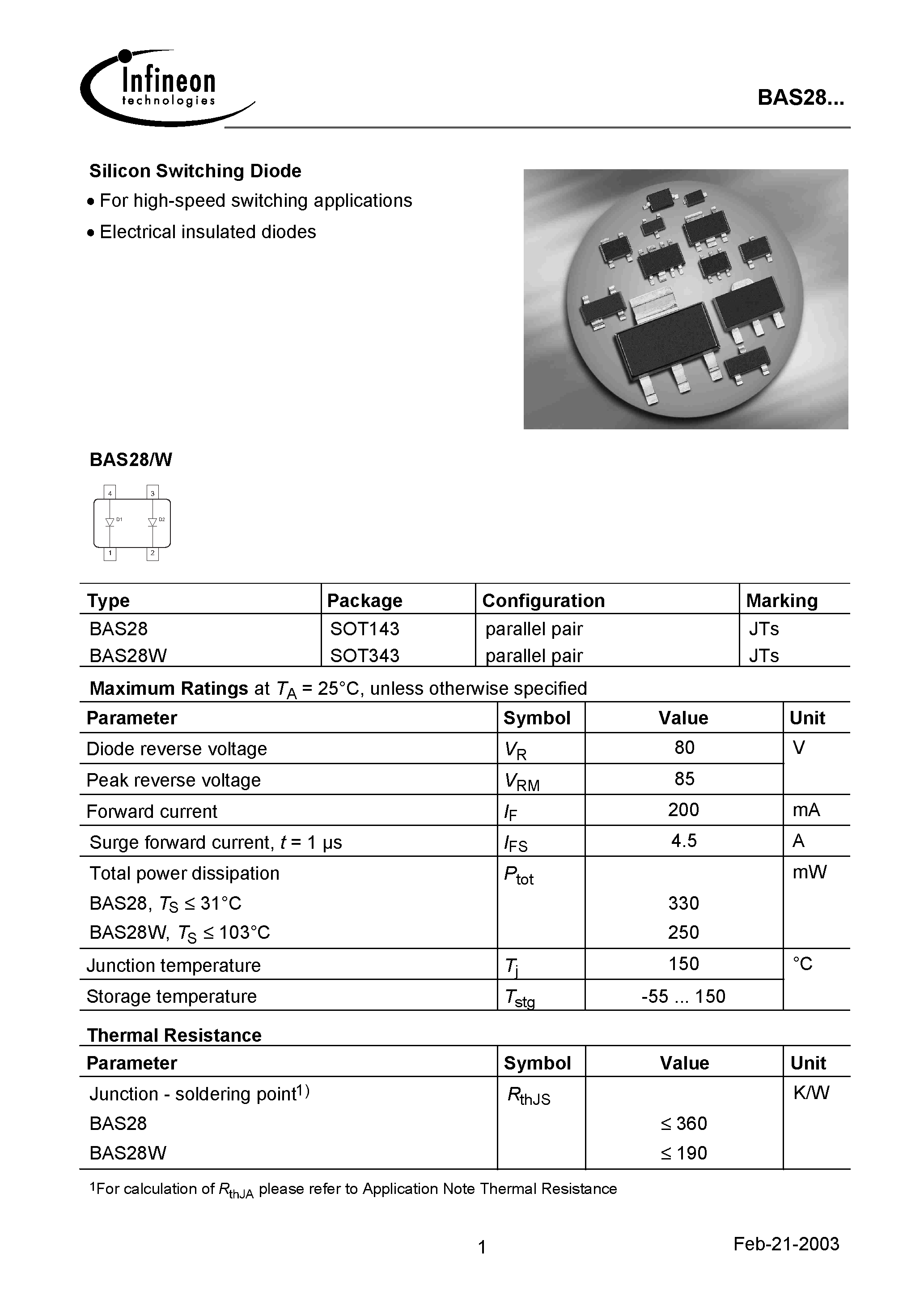 Datasheet BAS28 page 1 Datasheet BAS28 - Silicon Switching Diode page 1