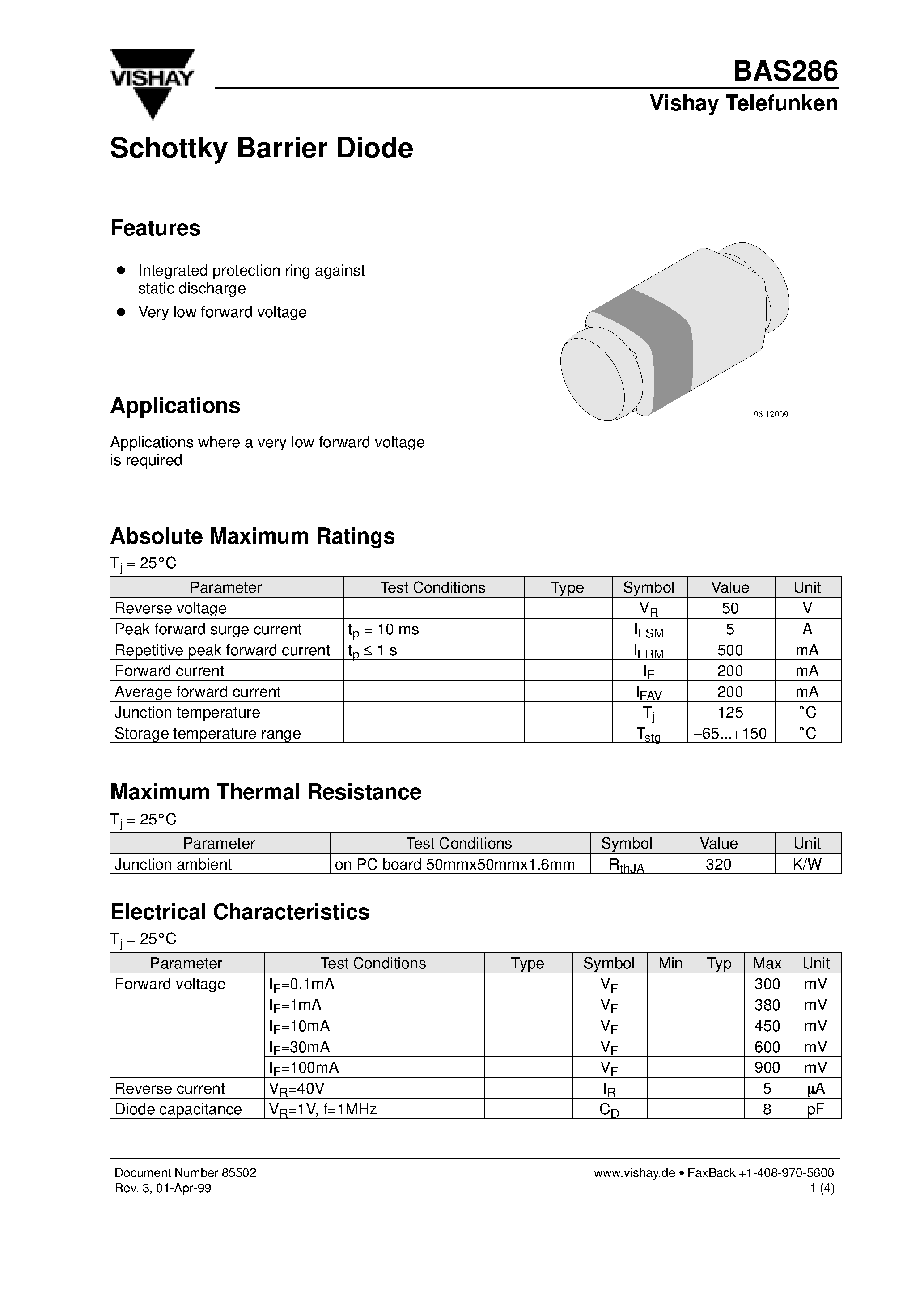 Datasheet BAS286 page 1 Datasheet BAS286 - Schottky Barrier Diode page 1