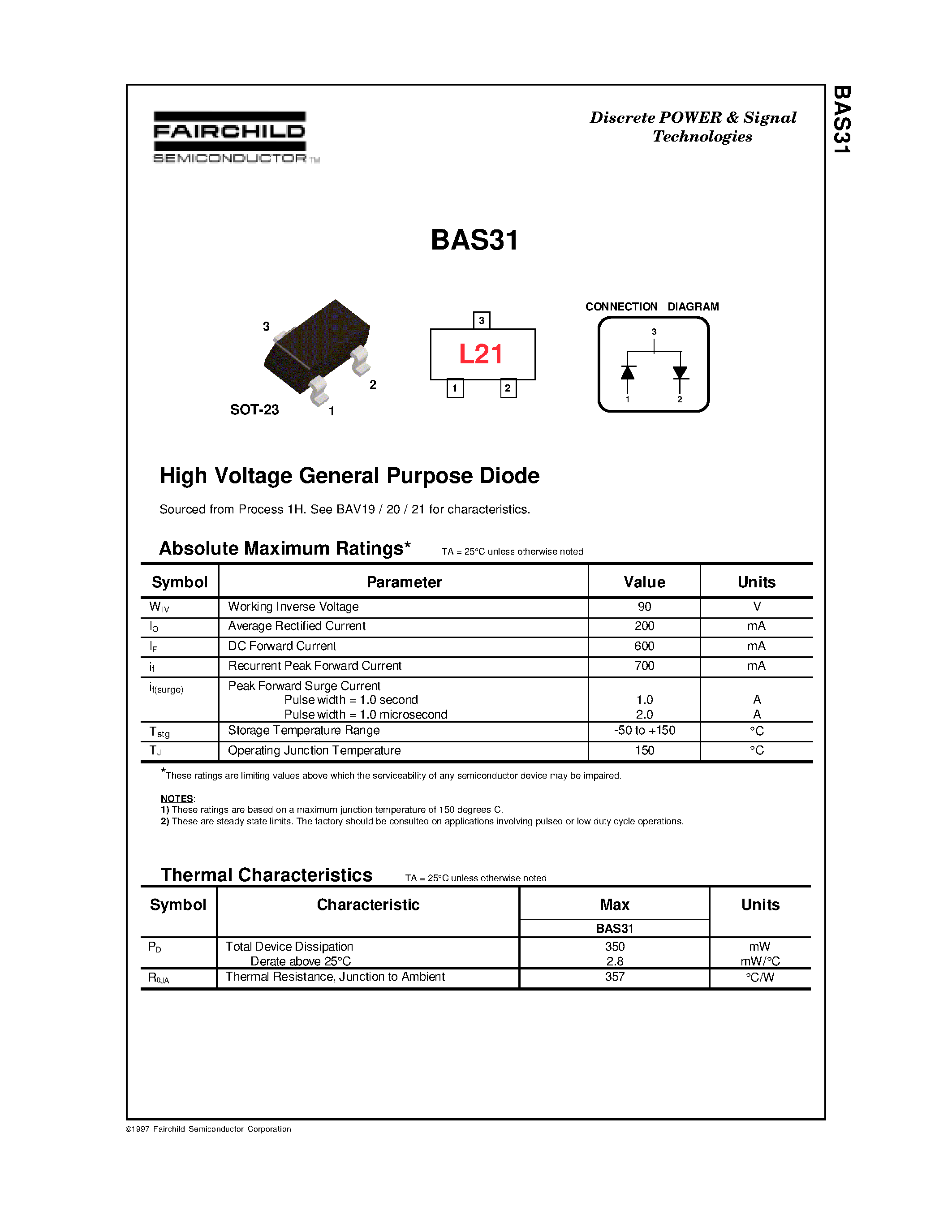Datasheet BAS31 - High Voltage General Purpose Diode page 1