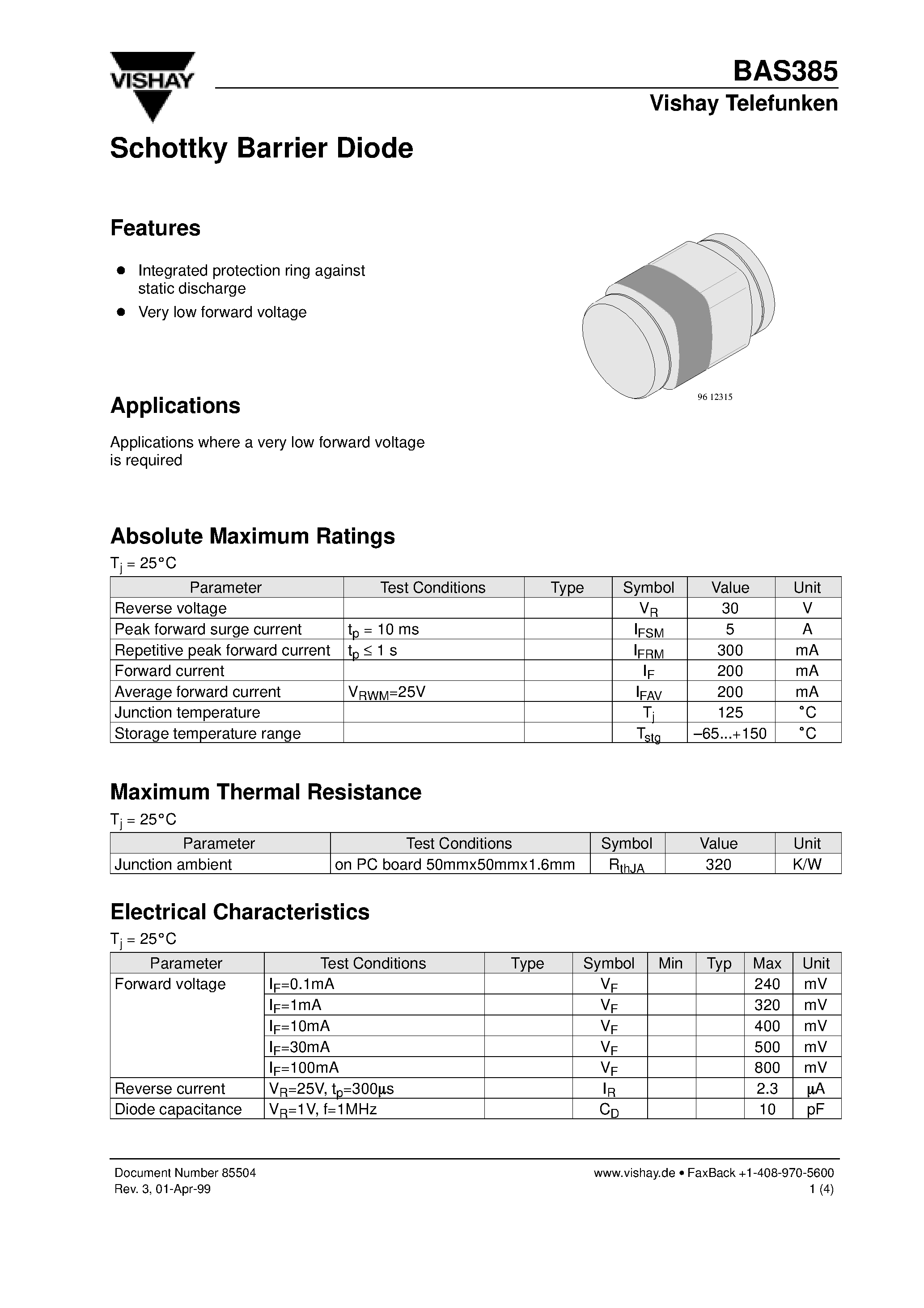 Datasheet BAS385 - Schottky Barrier Diode page 1