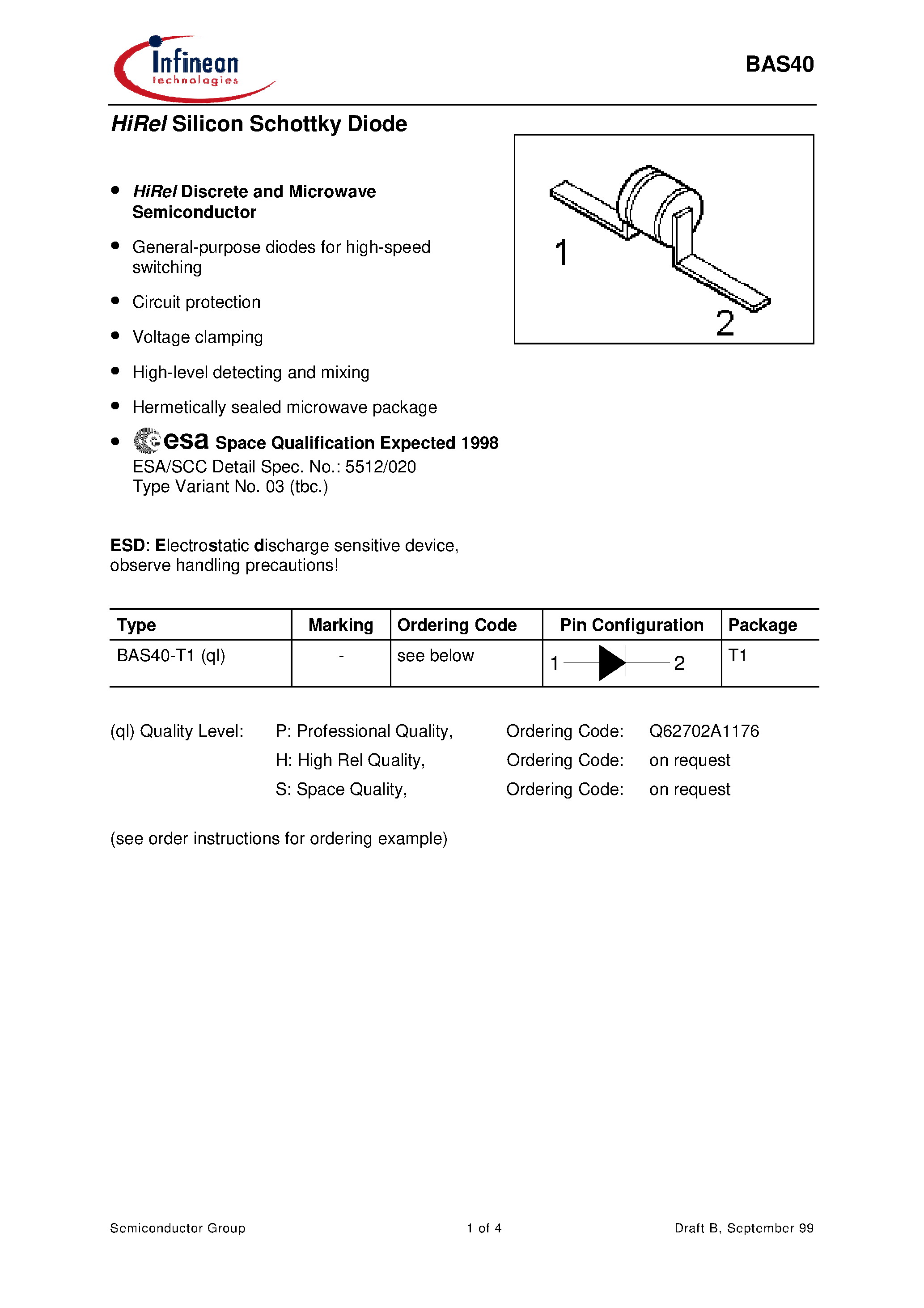 Datasheet BAS40 page 1 Datasheet BAS40 - Silicon Schottky Diode page 1
