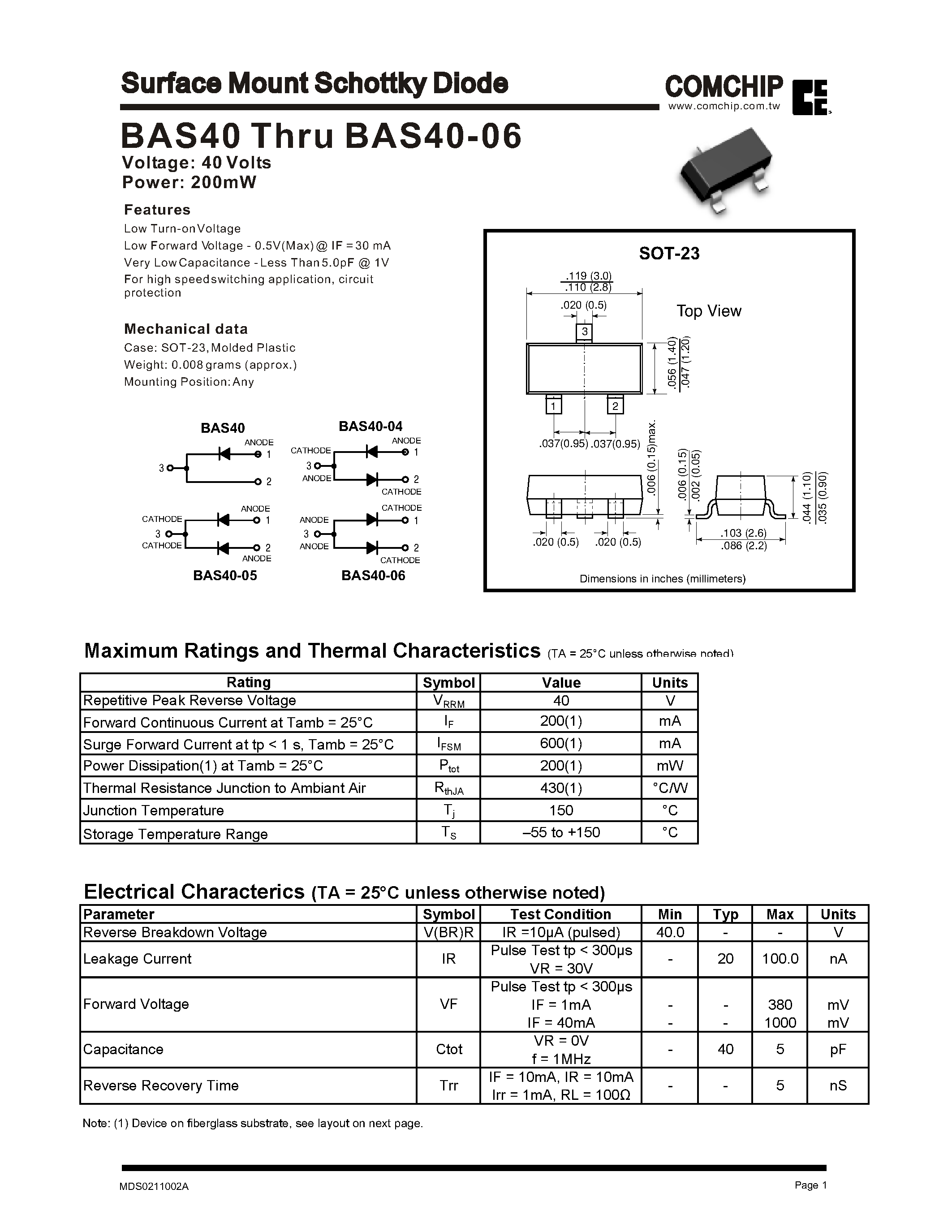 Datasheet BAS40 page 1 Datasheet BAS40 - Surface Mount Schottky Diode page 1