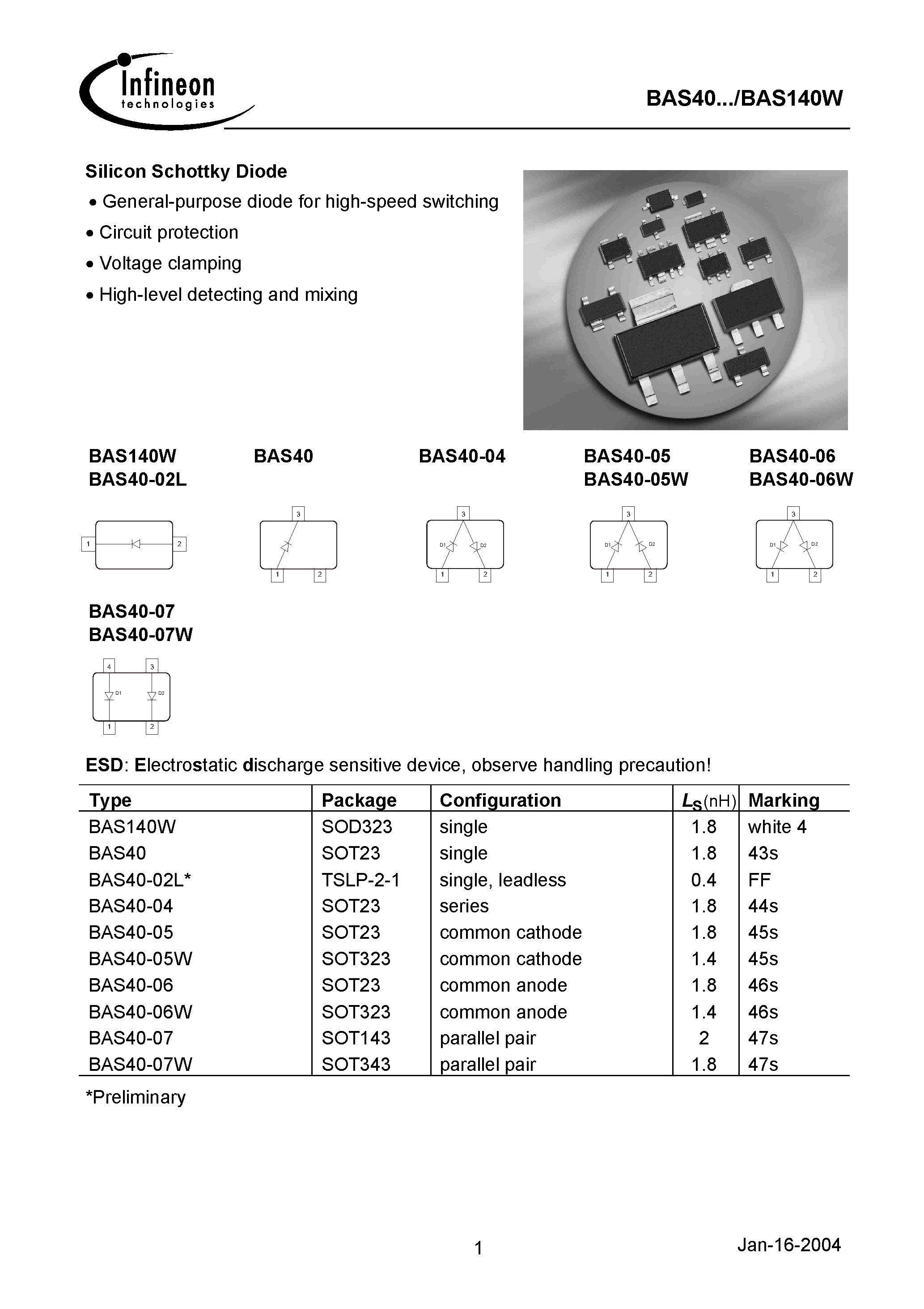 Datasheet BAS40-02L - Silicon Schottky Diode page 1